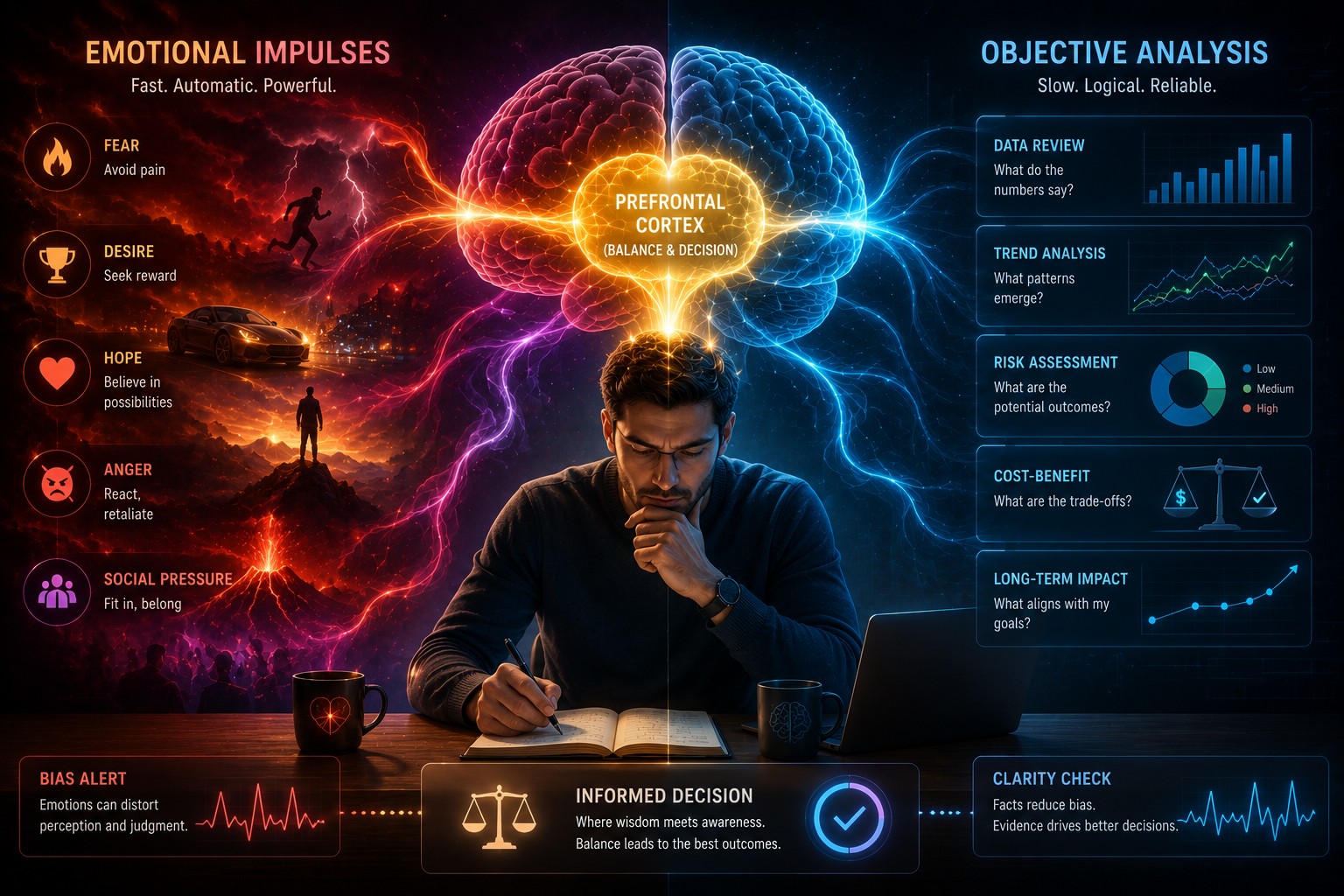 A split-screen illustration showing emotional impulses represented by vivid colors on one side and objective data visualizations on the other, connected through a balanced, glowing prefrontal cortex.