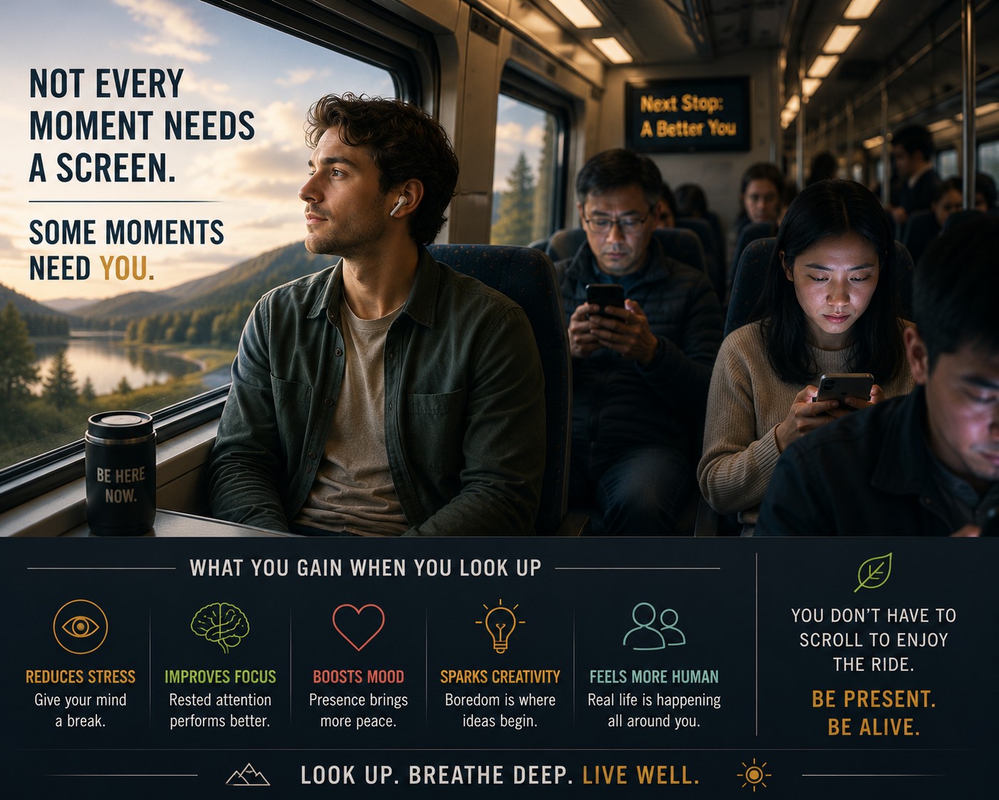 A commuter peacefully looking out of a train window while others around them stare at glowing smartphones — not every moment needs a screen.