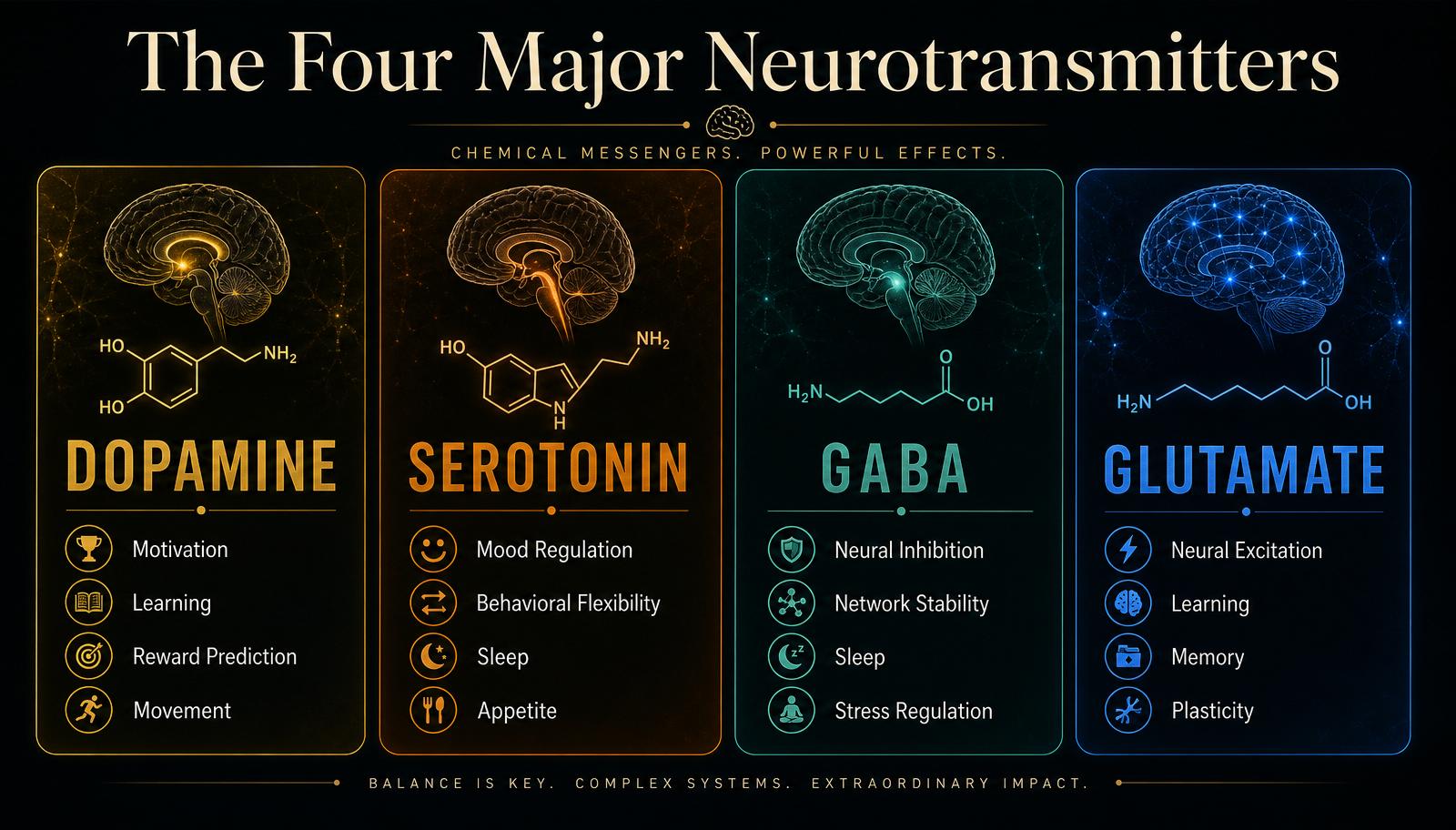 Infographic summarizing the four major neurotransmitters: dopamine (motivation, learning, reward prediction, movement); serotonin (mood regulation, flexibility, sleep, appetite); GABA (inhibition, network stability, sleep, stress regulation); glutamate (excitation, learning, memory, plasticity).