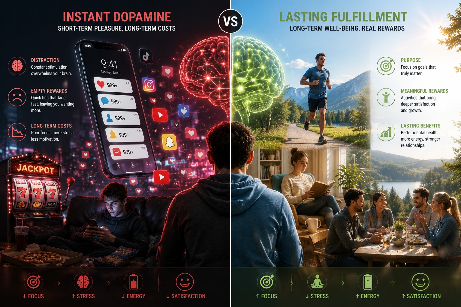 Instant Dopamine vs. Lasting Fulfillment — the short-term reward loops of phones, slot machines and social media contrasted with the long-term well-being of exercise, reading and real connection.
