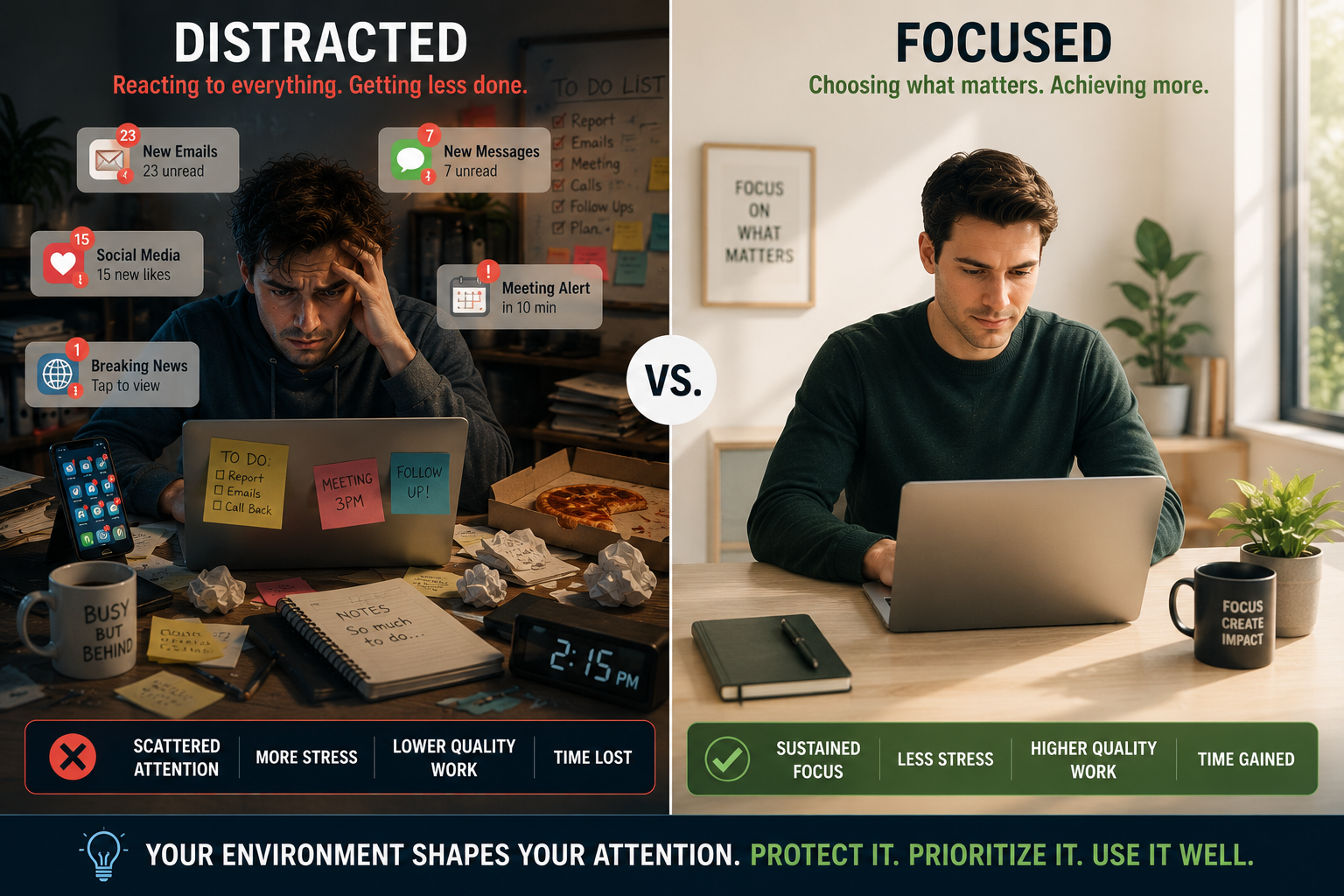 Distracted vs. focused — a chaotic workspace beside a clean, minimalist desk with a person in deep focus.