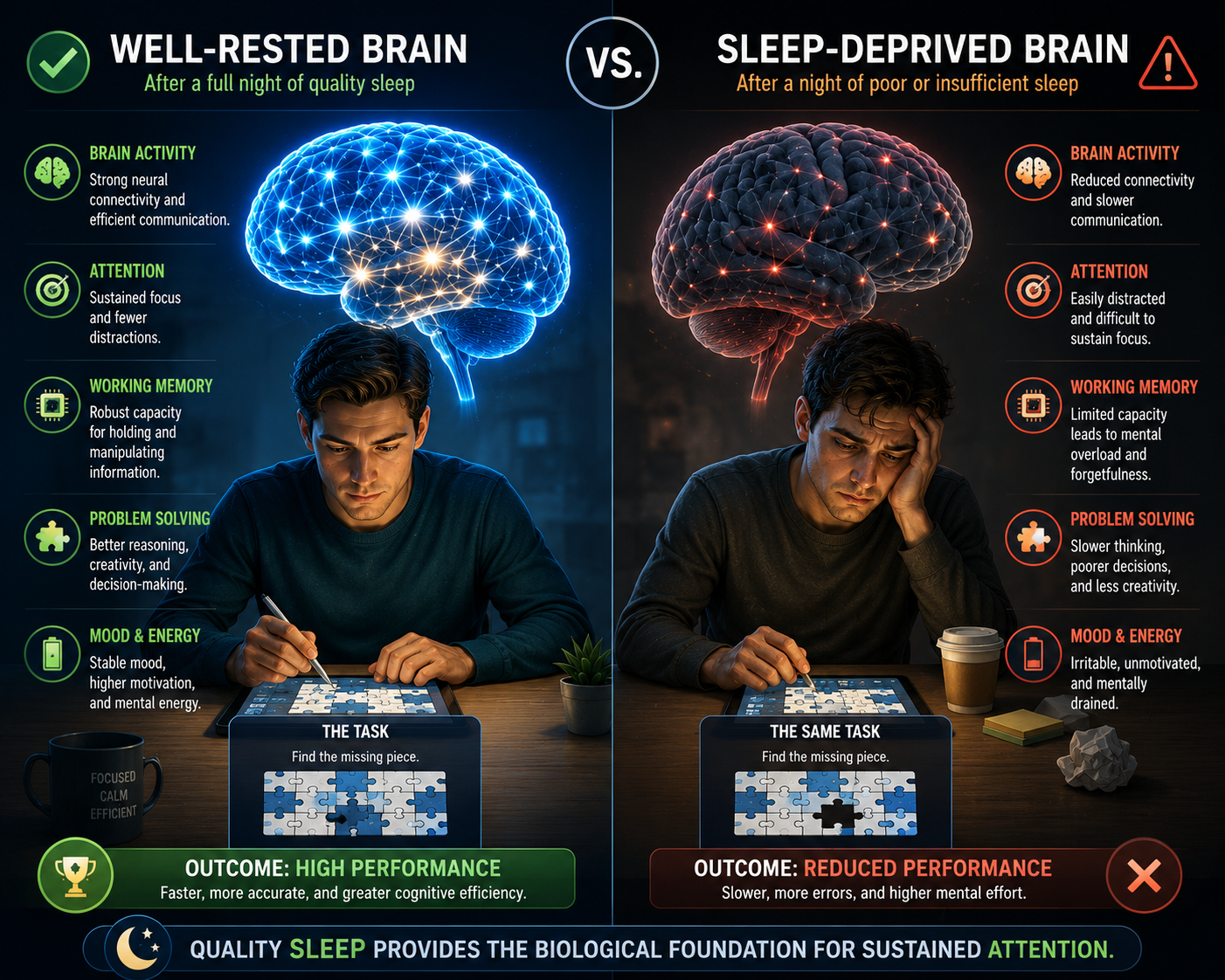 Well-rested brain vs. sleep-deprived brain — comparing brain activity, attention, working memory, problem solving and mood.