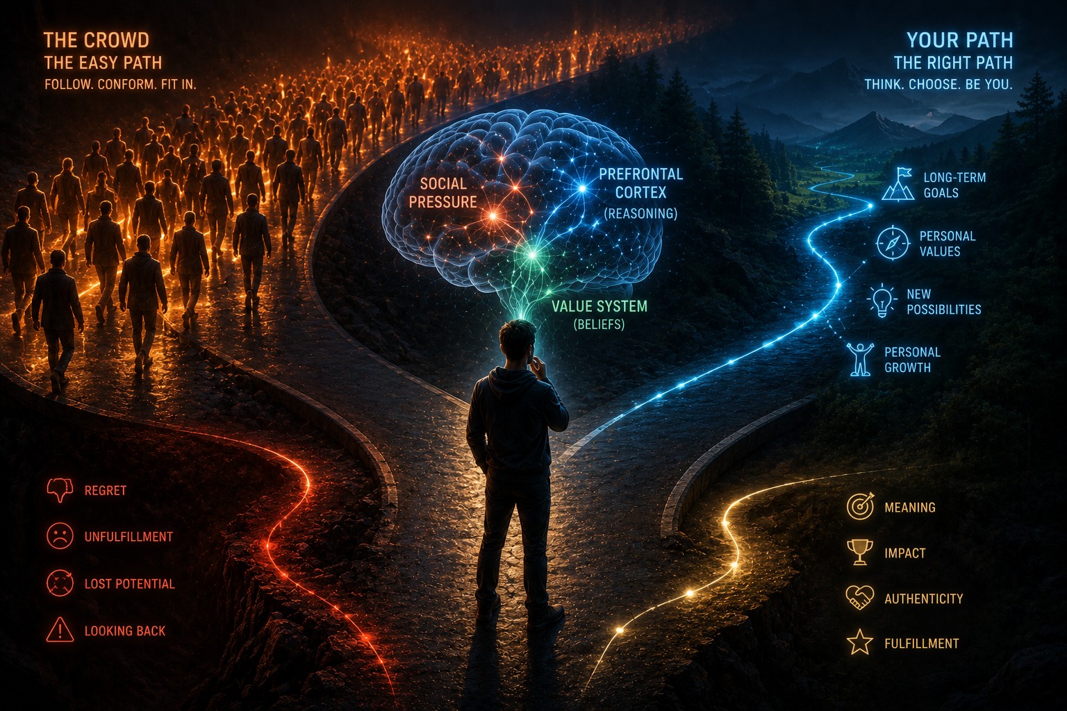 Hundreds of glowing silhouettes all walking in one direction while a single individual pauses to evaluate multiple paths, with neural decision circuits illuminated.