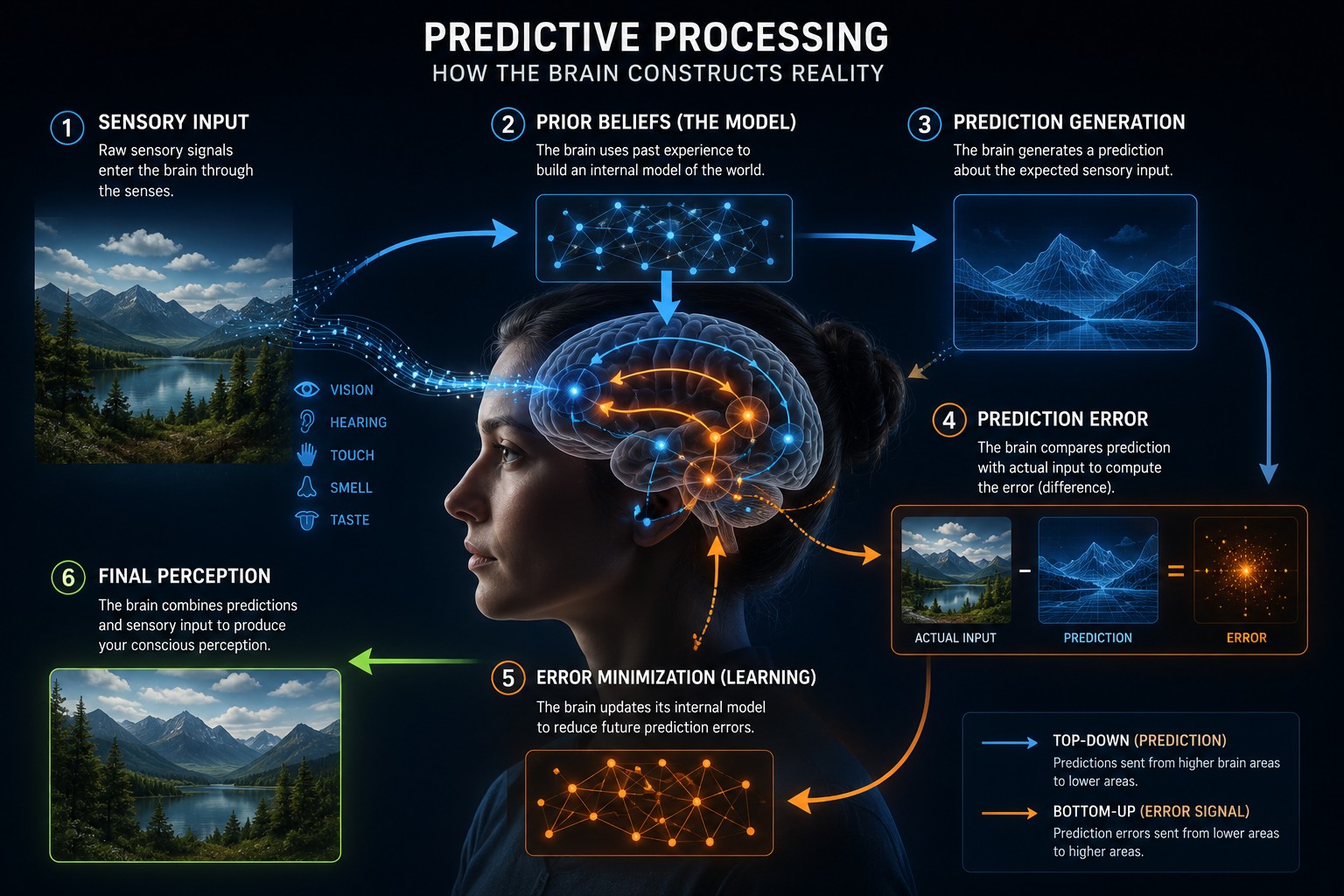 Predictive processing — how the brain constructs reality from sensory input, prior beliefs, prediction generation, error correction and final perception.