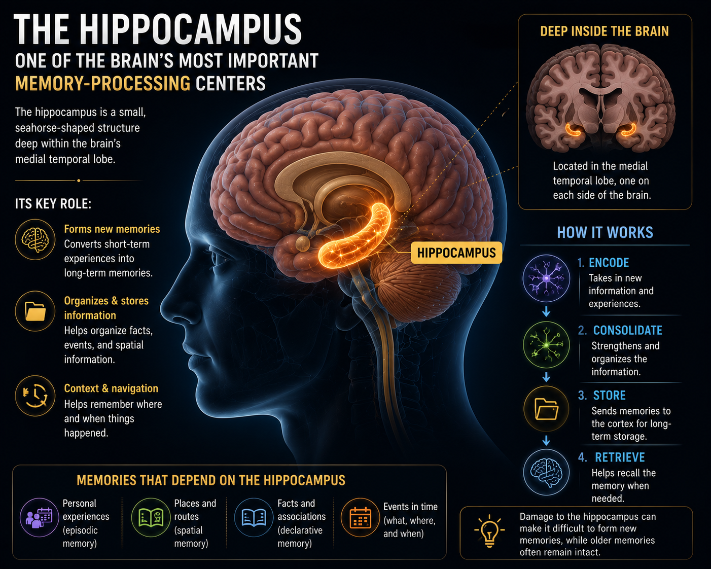 The hippocampus — the brain's memory architect, deep inside the temporal lobe.