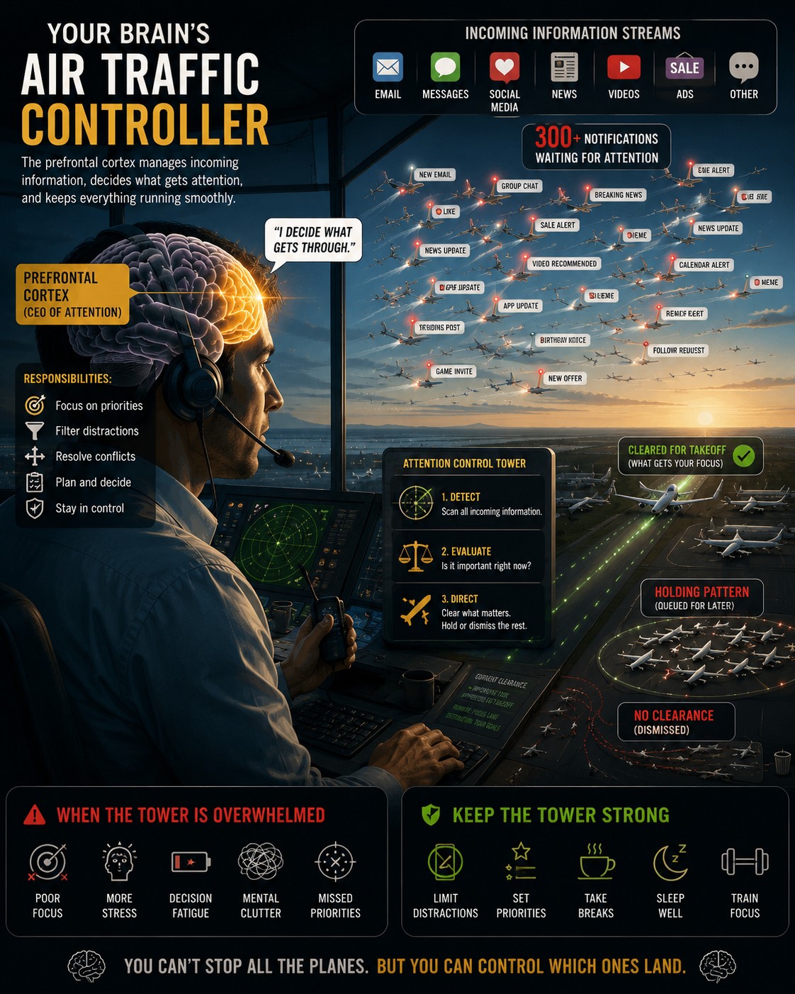 Infographic of the prefrontal cortex as an air traffic controller directing incoming streams of information while hundreds of notifications queue for attention.