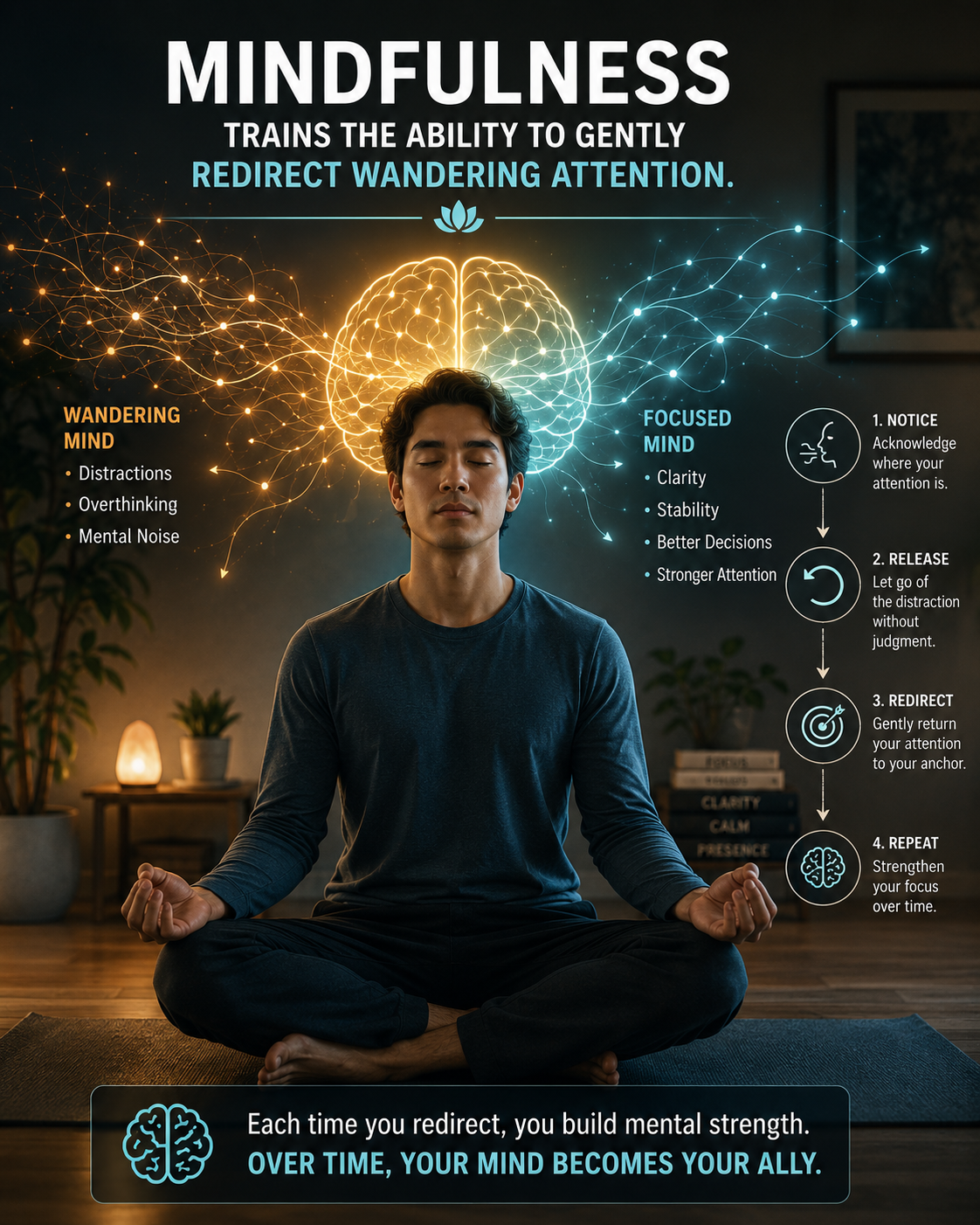 Mindfulness trains the ability to gently redirect wandering attention — notice, release, redirect, repeat.