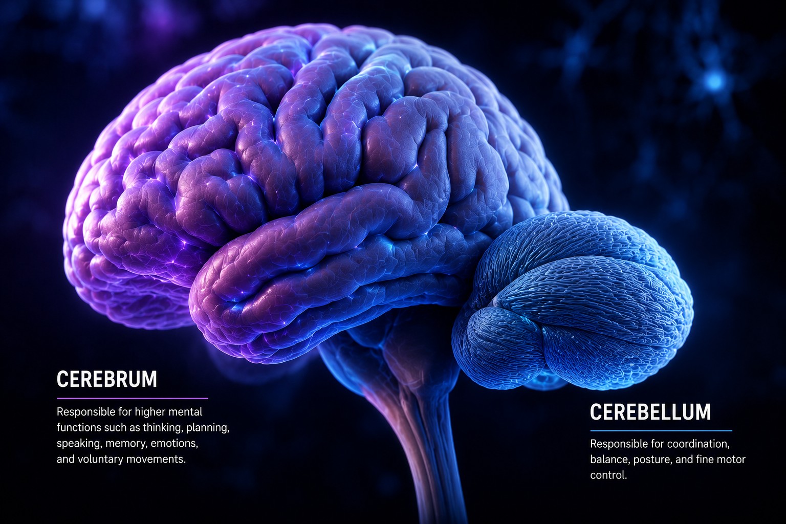 Cerebrum vs. cerebellum — comparison of their roles.