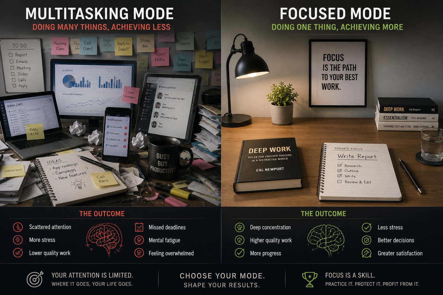 Side-by-side comparison of a cluttered multitasking workspace versus a minimalist desk with one book and one notebook, illustrating focused work.