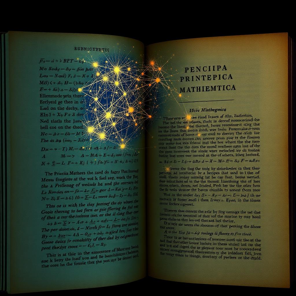 Open antique copy of Principia Mathematica with handwritten equations transforming into glowing neural network pathways, conceptual editorial illustration.