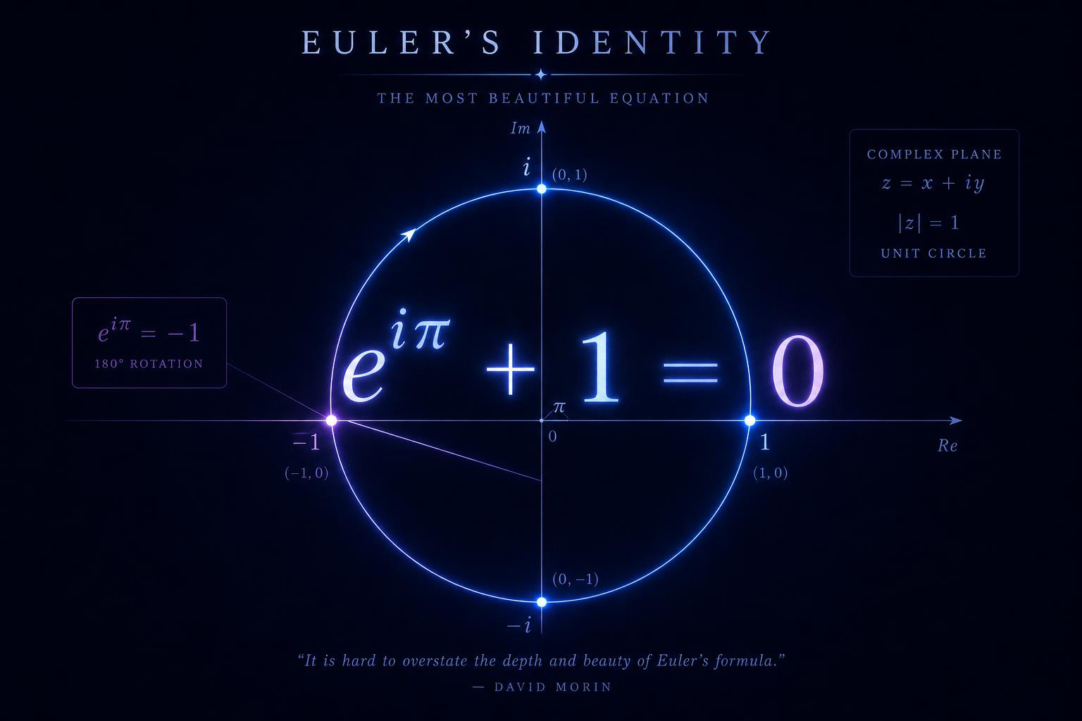 A glowing diagram of Euler's identity on the complex plane, showing e^(iπ) + 1 = 0 and the unit circle.