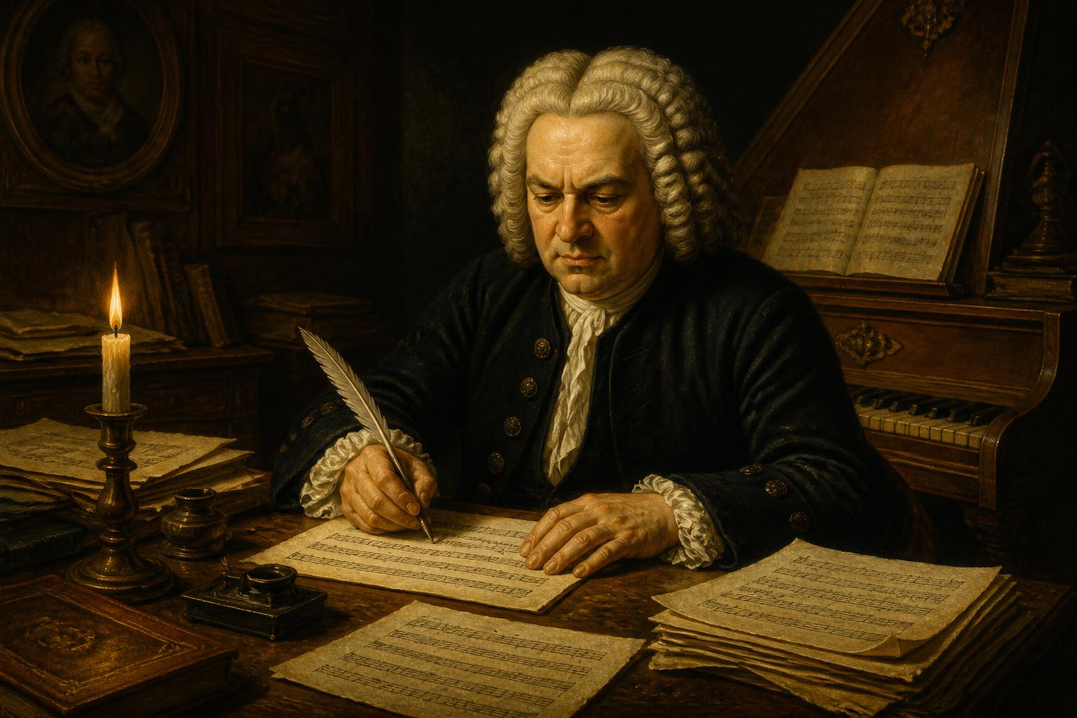 Bach composing by candlelight at a baroque writing desk, quill in hand, with handwritten music manuscripts spread across the table.