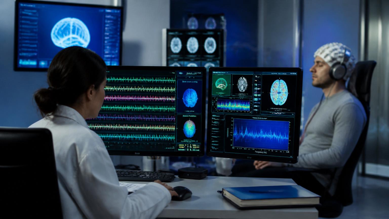 A neuroscientist monitoring EEG brainwave recordings while a volunteer listens to auditory stimulation.