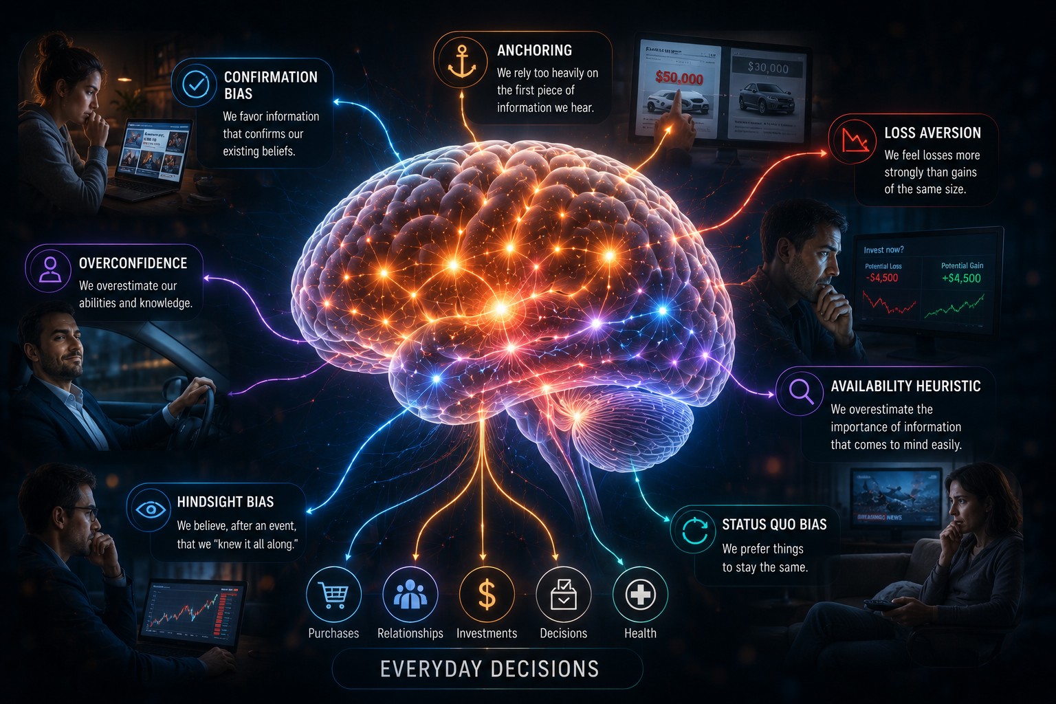 A human brain surrounded by floating labels — Confirmation Bias, Anchoring, Loss Aversion, Overconfidence — with glowing neural pathways connecting them to everyday decisions.