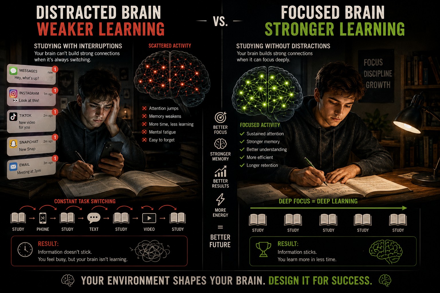 Split illustration showing one student studying with constant smartphone interruptions and another studying distraction-free, with stronger memory pathways highlighted.
