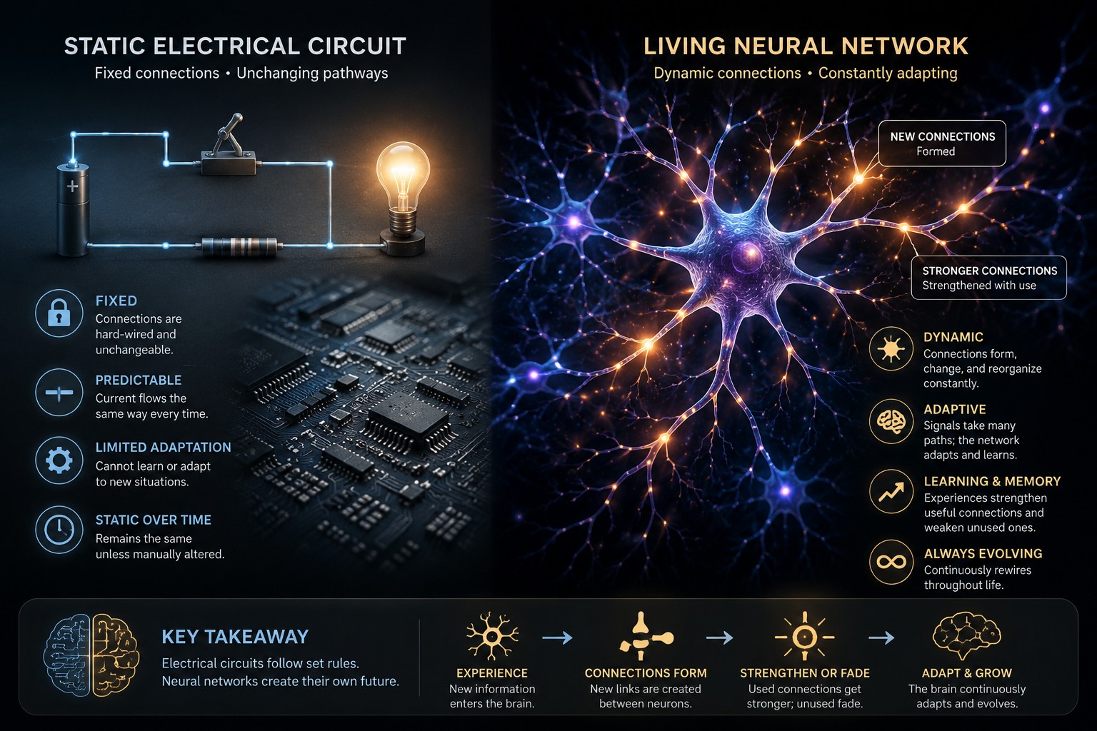 Infographic comparing a static electrical circuit with a living neural network that continuously creates and strengthens new connections.