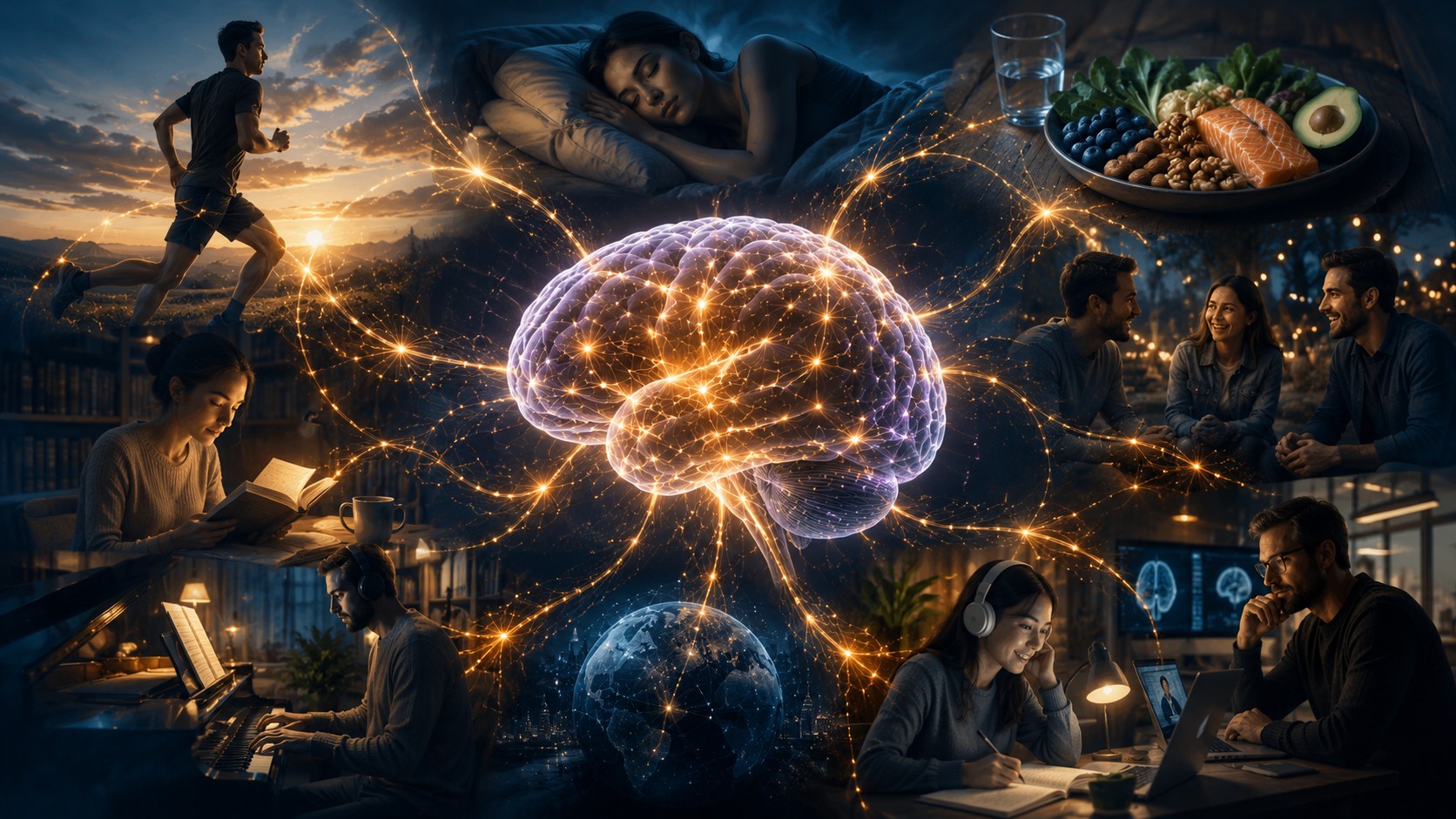 A glowing human brain at the center of an interconnected ecosystem — exercise, sleep, food, friendship, reading, music, language and meaningful work linked by neural light pathways.