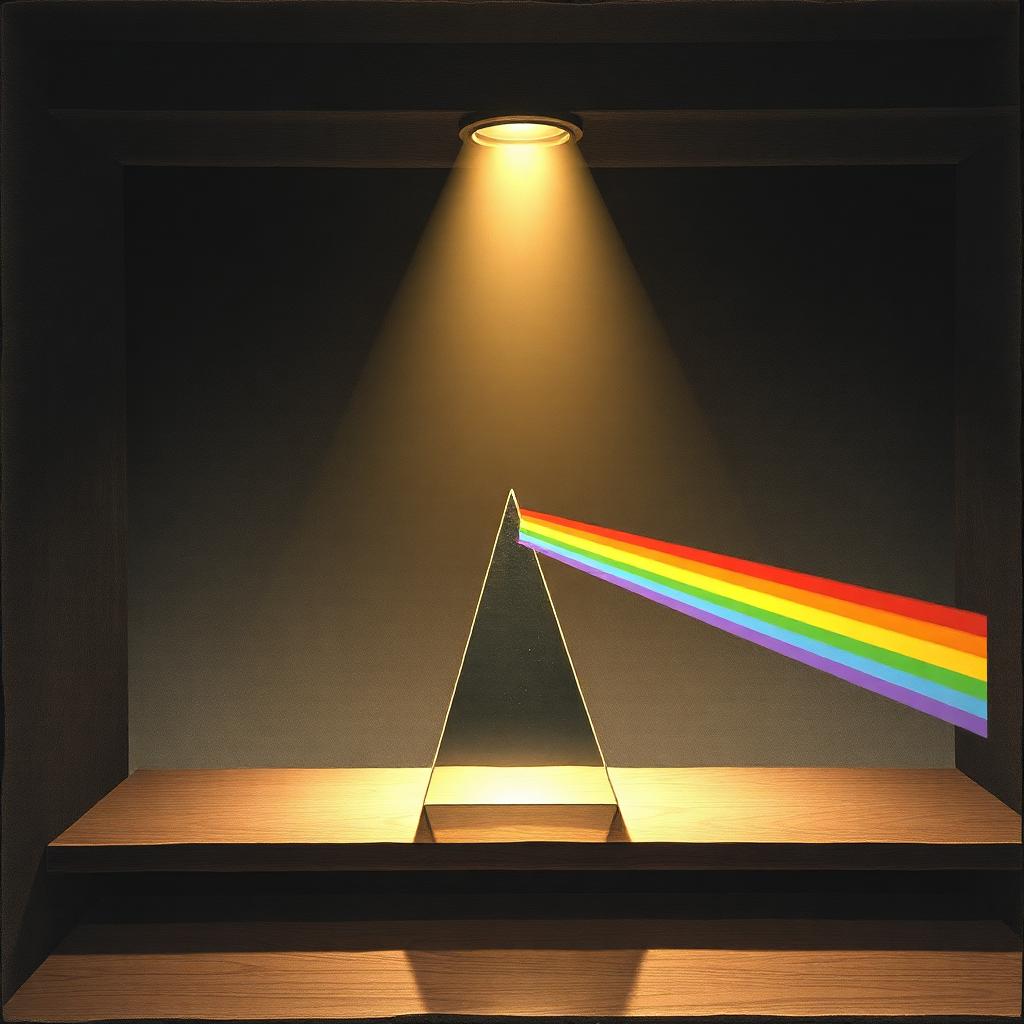 Newton's prism experiment: a beam of sunlight entering a glass prism in a darkened room and splitting into a rainbow spectrum projected on the opposite wall.