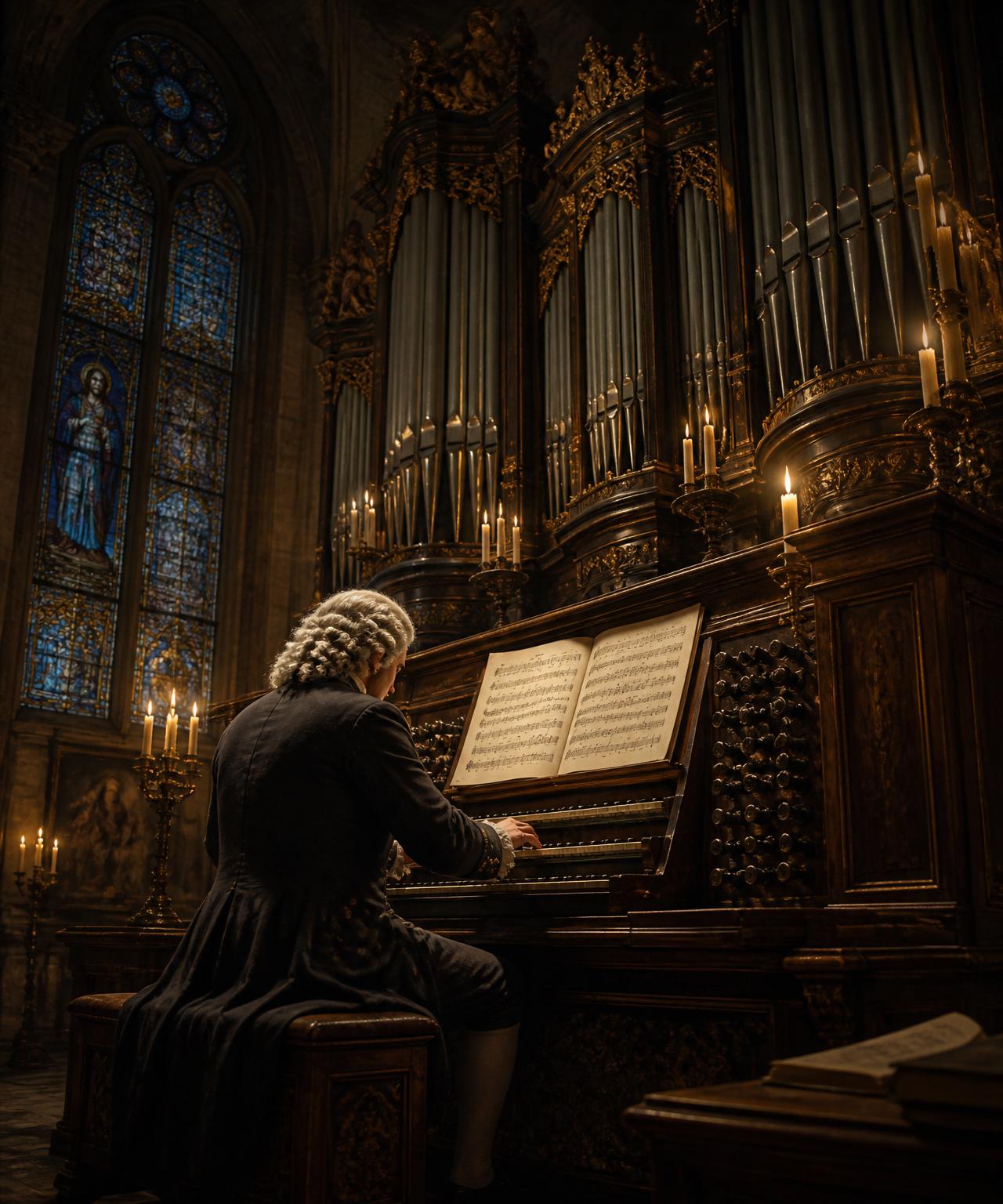 Bach at the keyboard of a baroque pipe organ, candlelight on his face, vast gilded organ pipes rising behind him in a Lutheran church interior.