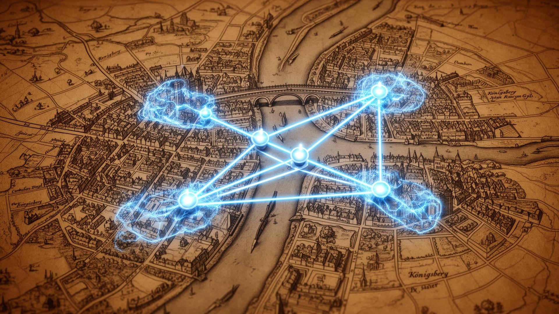 The Seven Bridges of Königsberg reimagined as a glowing graph theory diagram over an antique map.