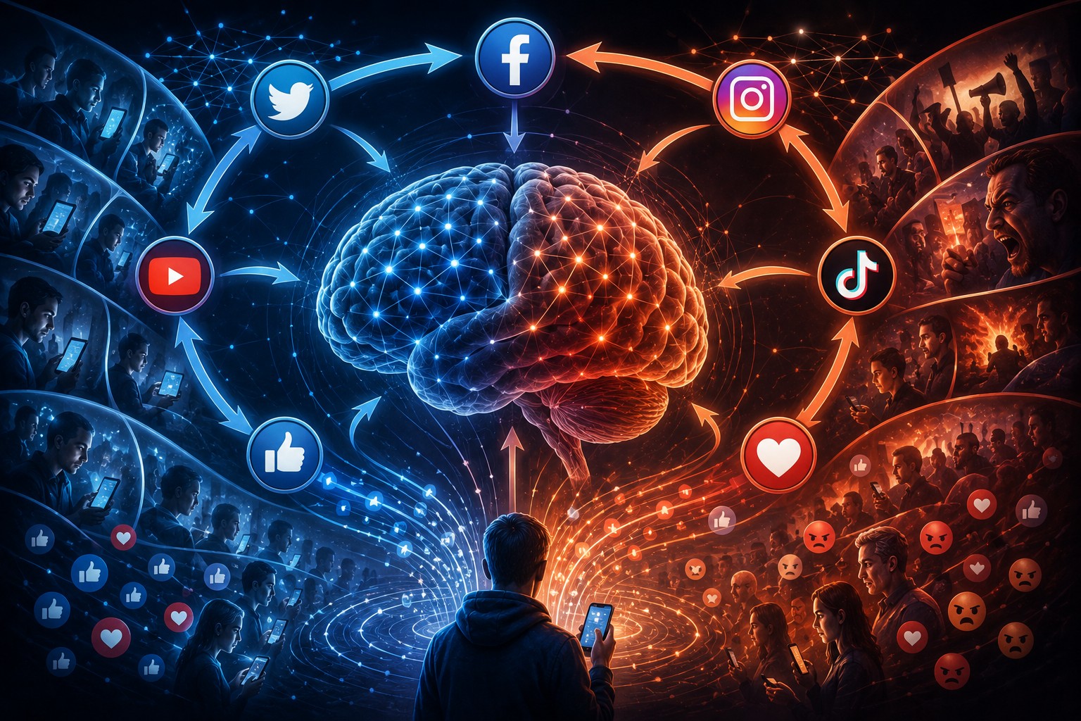 A stylized human brain surrounded by social media icons, echo chambers and algorithmic recommendation loops — how recommendation systems quietly amplify existing beliefs.