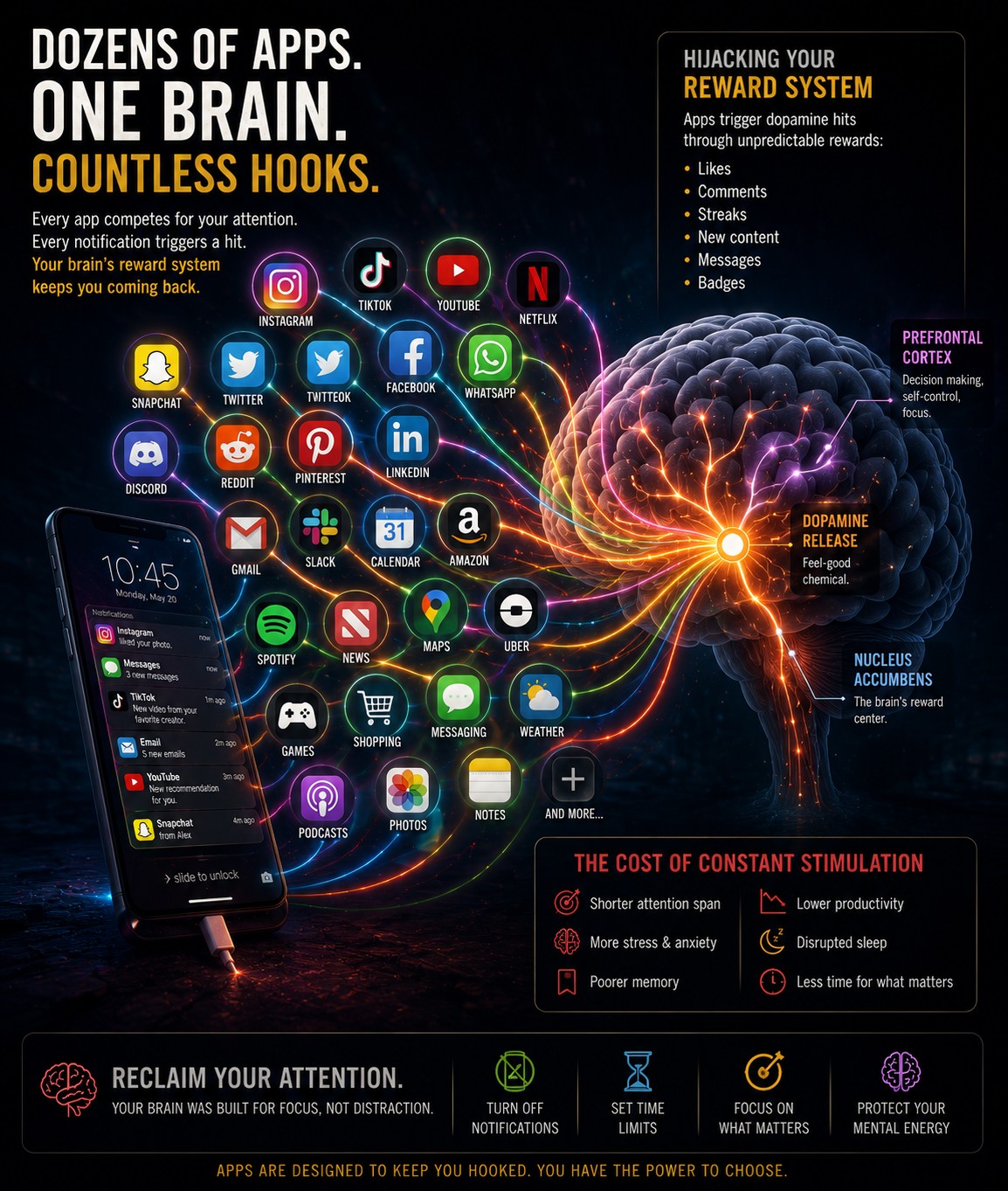 Smartphone connected to dozens of colorful app icons that hook into a stylized brain through glowing reward pathways.
