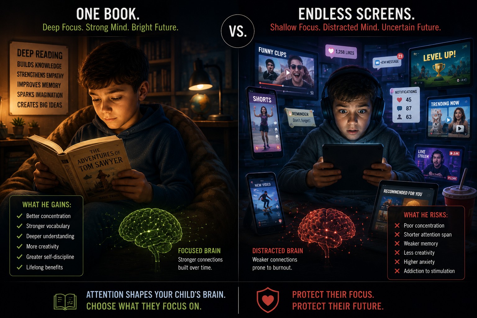A child reading a physical book contrasted with another child surrounded by multiple digital screens competing for attention.