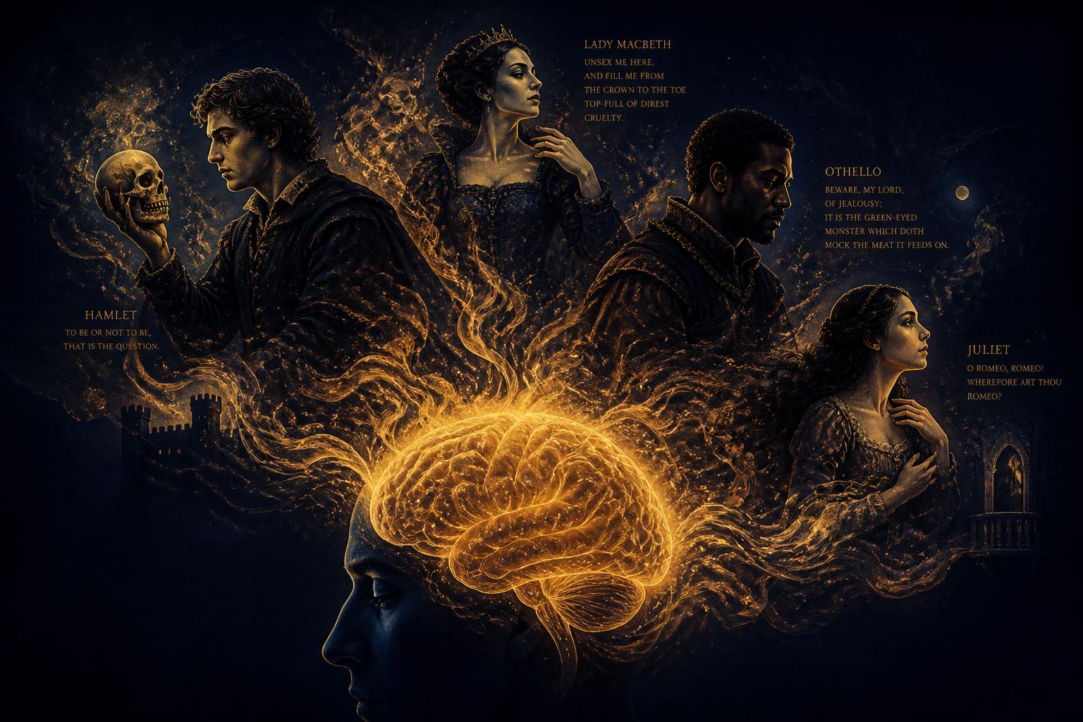 Symbolic illustration of Shakespeare's great characters — Hamlet, Lady Macbeth, Othello and Juliet — radiating from a glowing brain.