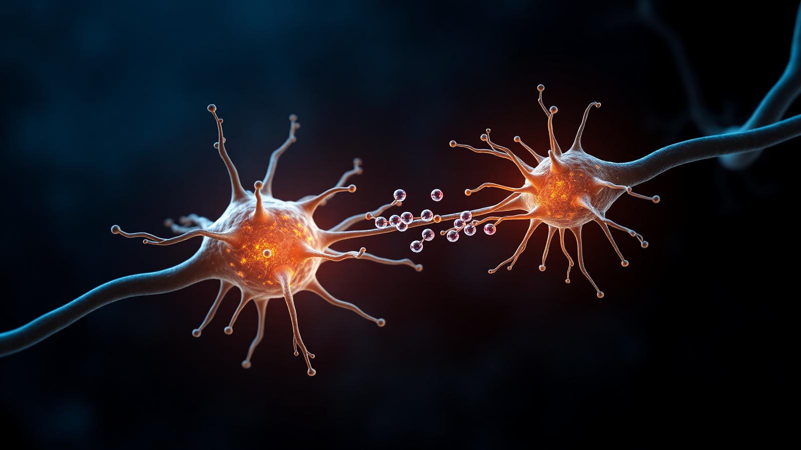 Two neurons communicating across a synaptic cleft as neurotransmitter molecules are released from vesicles and bind to receptors on the receiving cell.