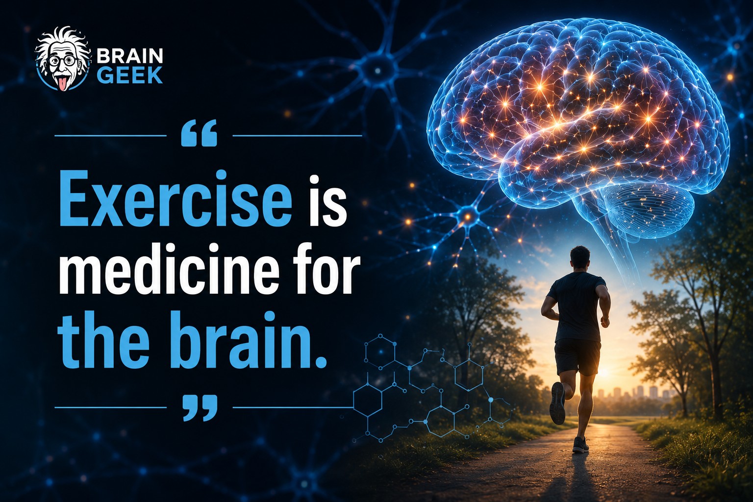 Brain Geek quote card: Exercise is medicine for the brain — neural background.