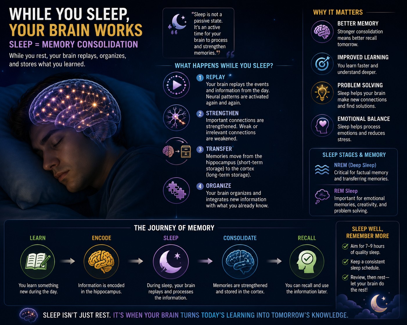 While you sleep, your brain works — memory consolidation in action.