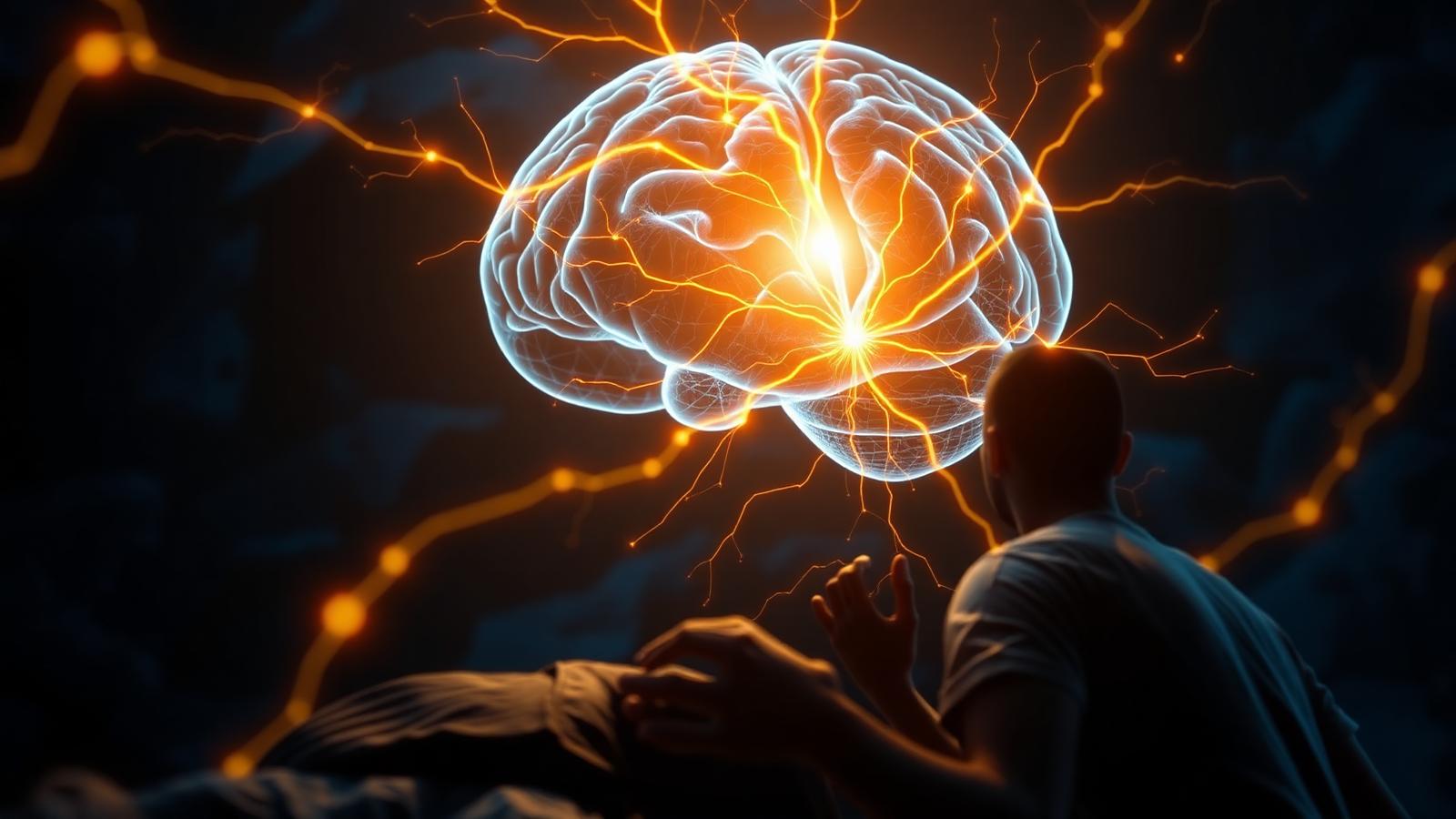 A person pursuing a meaningful goal while dopamine-related motivation and reward pathways activate across a semi-transparent brain.