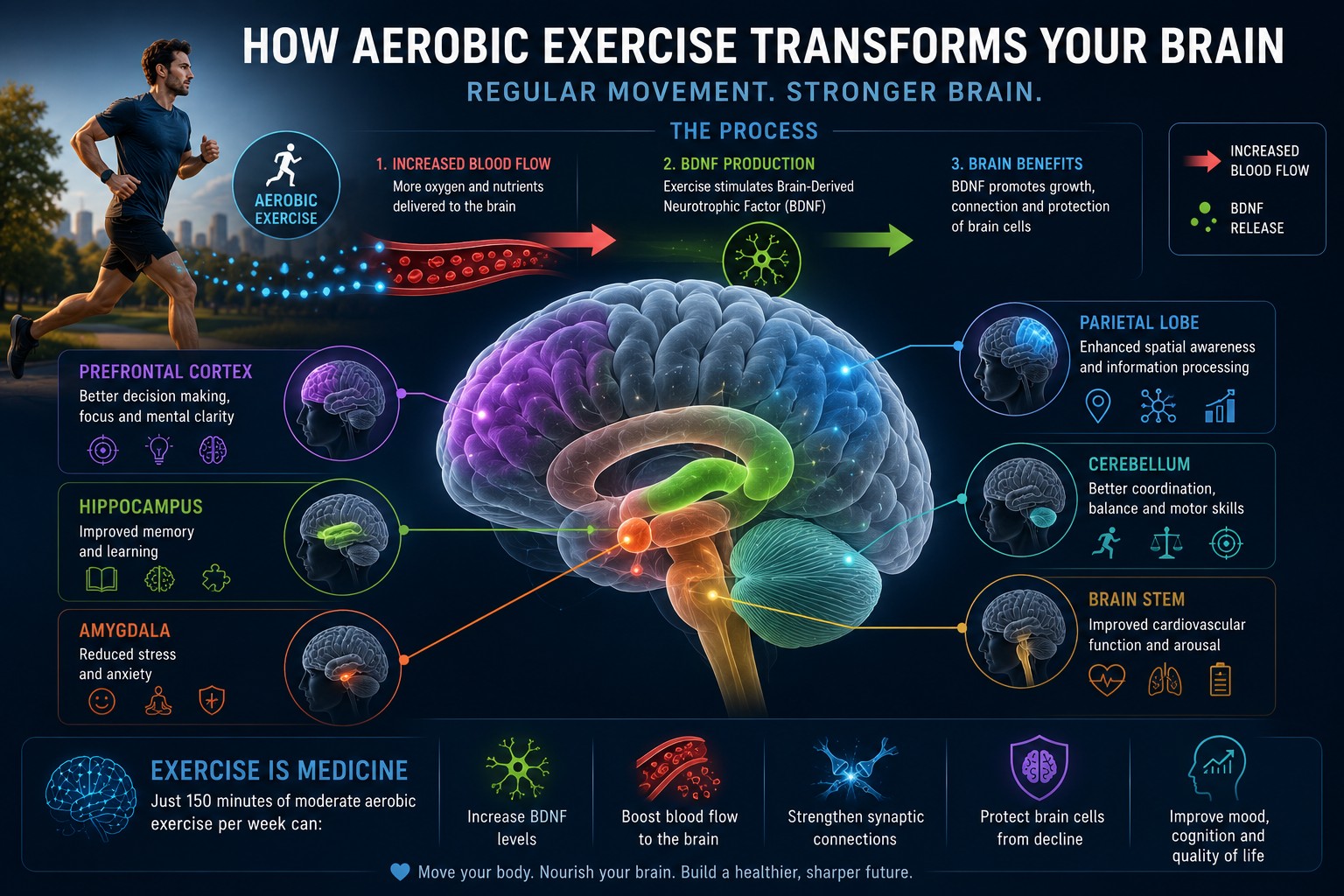 How aerobic exercise transforms your brain — increased blood flow, BDNF production and benefits across the prefrontal cortex, hippocampus, amygdala, parietal lobe, cerebellum and brain stem.