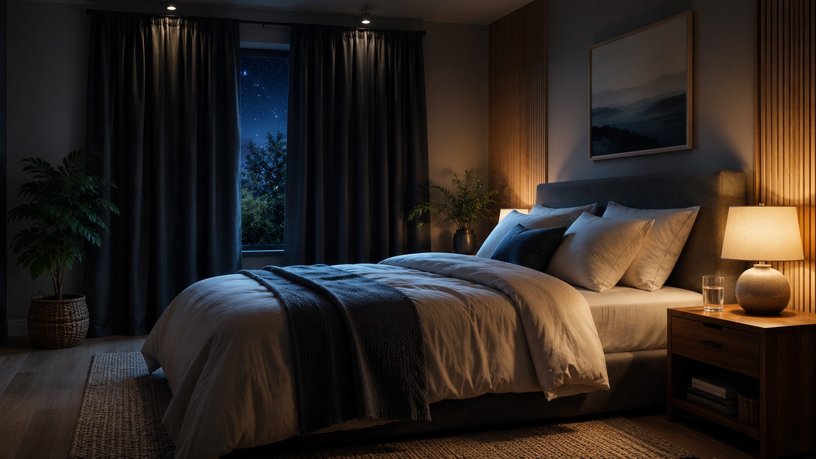 A serene bedroom optimized for healthy sleep — blackout curtains, warm bedside lighting, a comfortable bed, no visible electronic devices.
