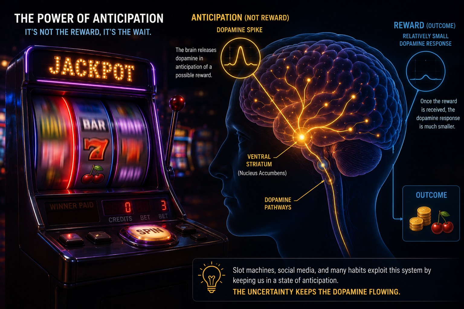 The power of anticipation — dopamine spikes during the wait for an uncertain reward, not the reward itself.