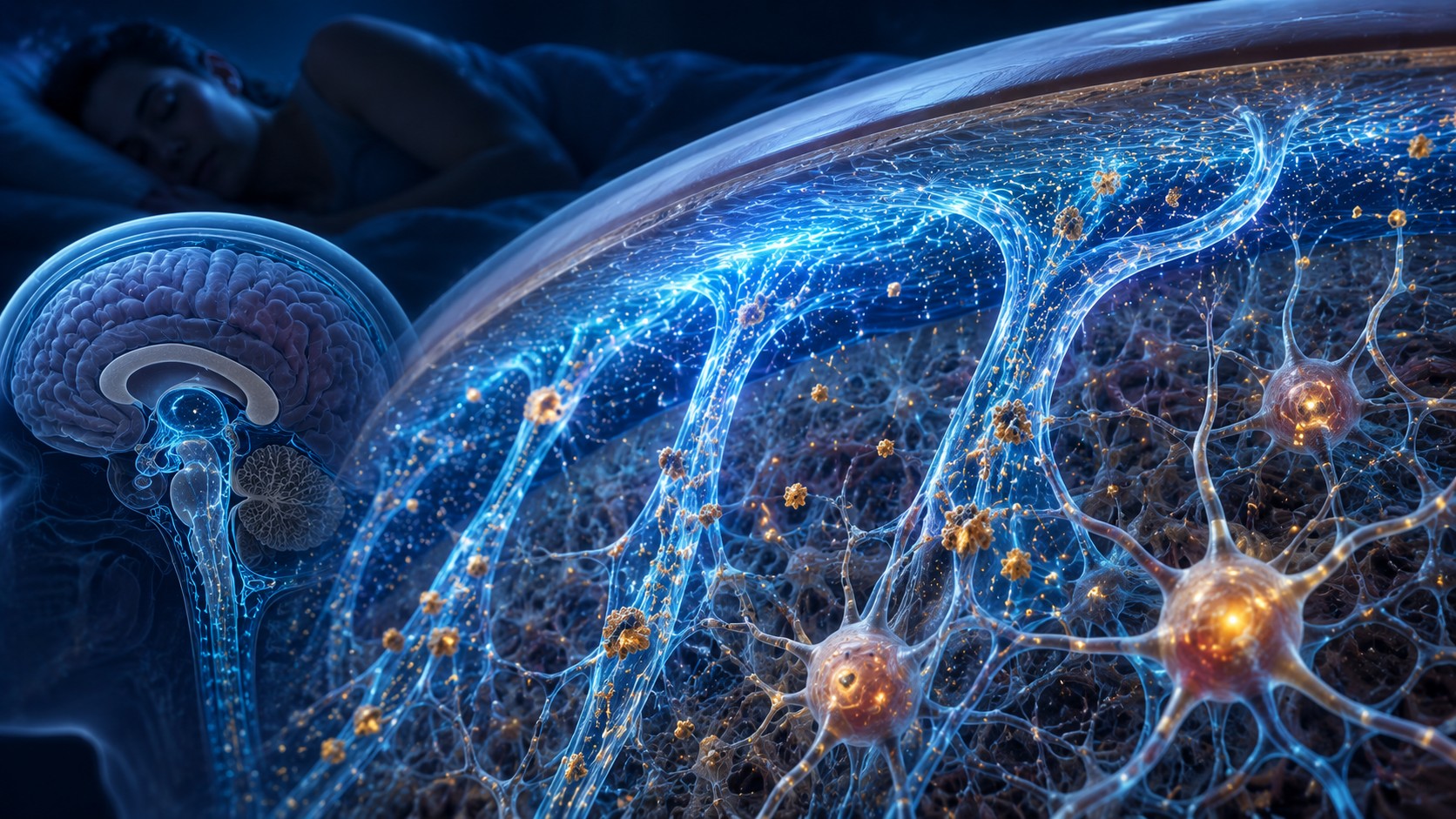 Cerebrospinal fluid gently washing through neural tissue during sleep, removing tiny glowing waste particles.