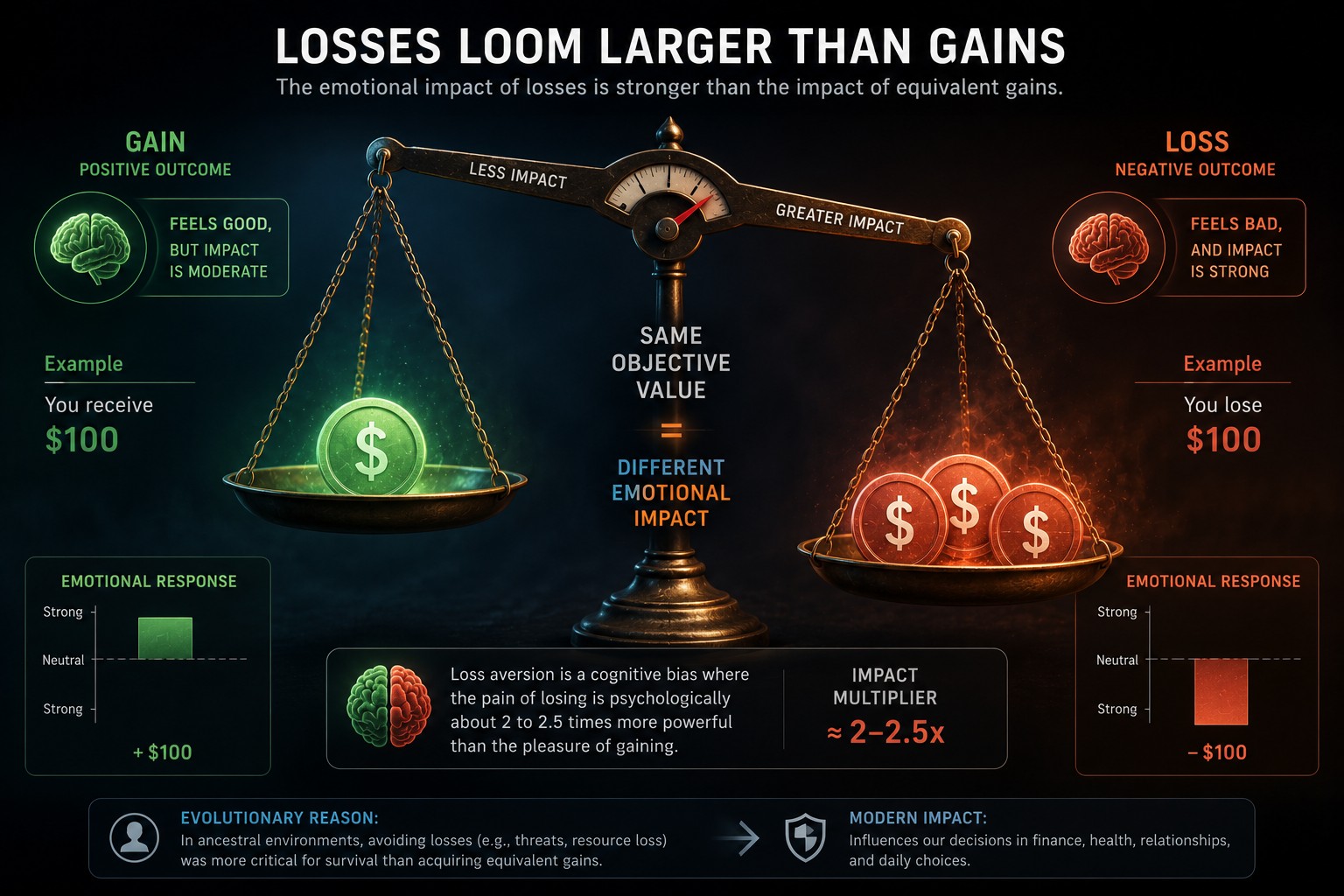 Losses loom larger than gains — a balance scale showing how the emotional impact of losing $100 is roughly 2 to 2.5× stronger than the pleasure of gaining the same amount.