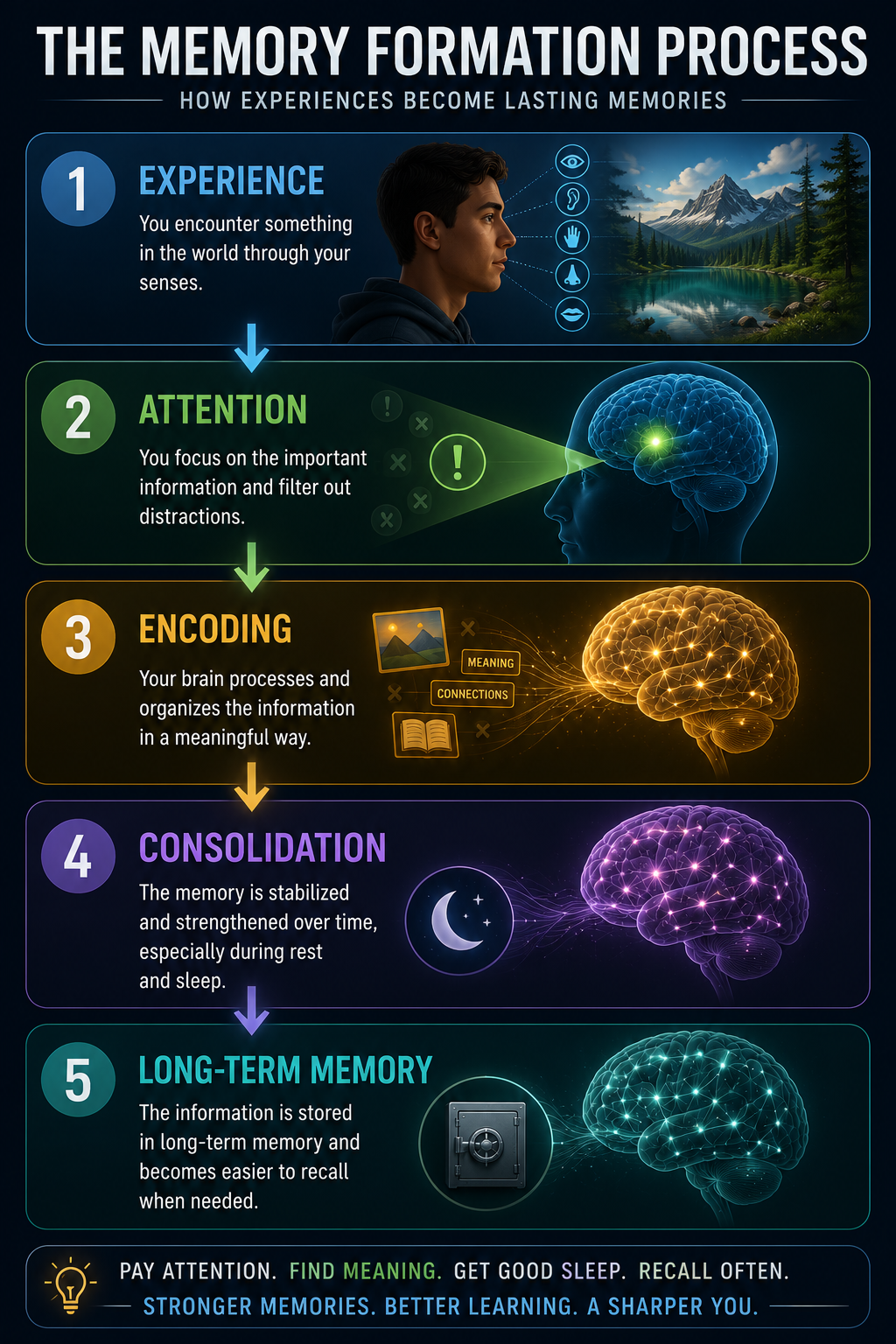 Memory Formation Process — Experience → Attention → Encoding → Consolidation → Long-Term Memory.