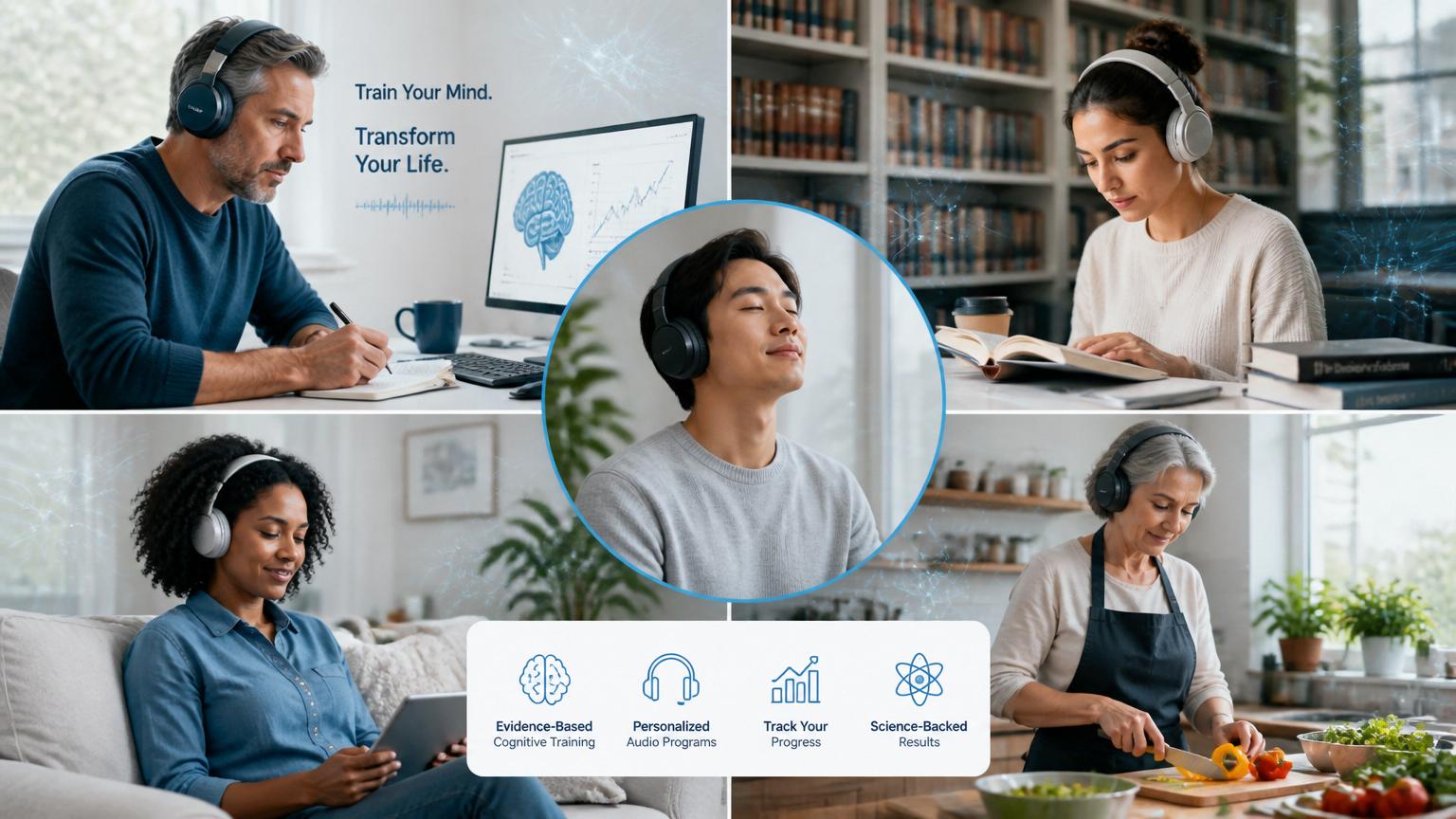 A diverse group of adults wearing headphones across home, work and study environments.