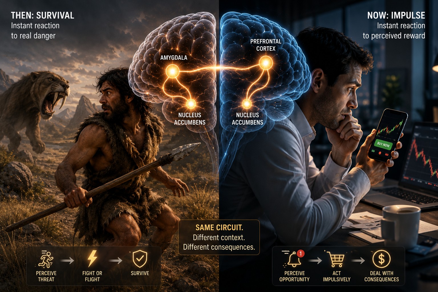 Then versus Now: prehistoric humans reacting instantly to danger and a modern office worker making impulsive financial decisions, connected by identical glowing neural pathways — same circuit, different context.