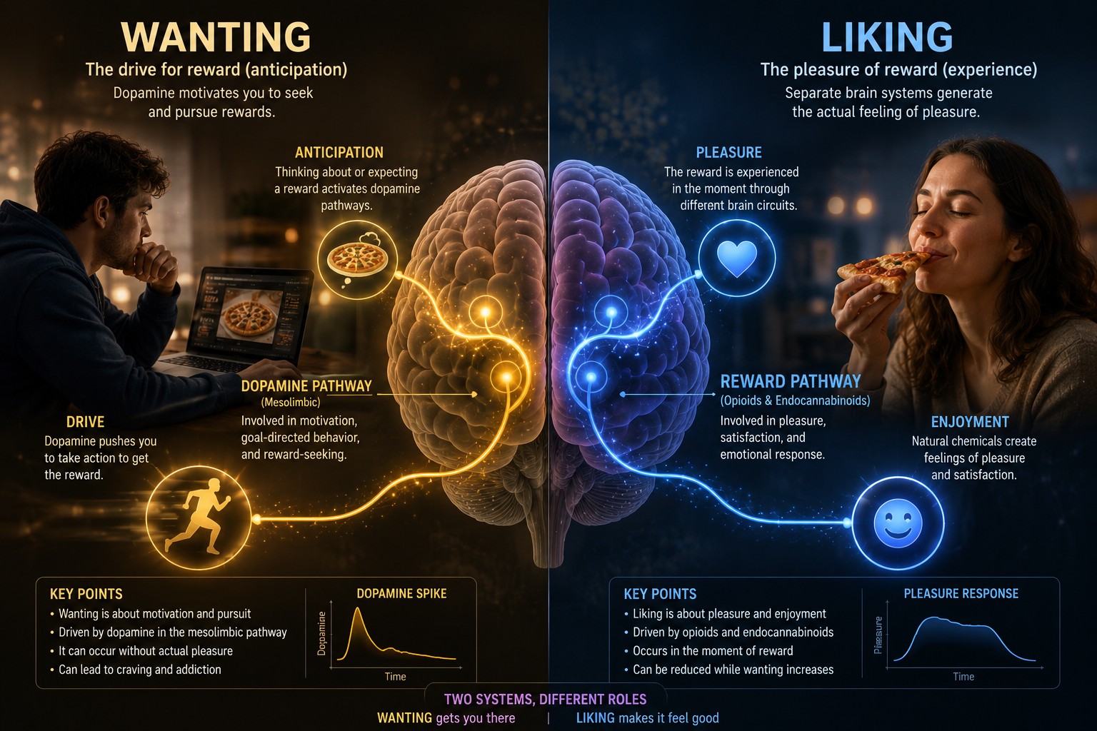 Wanting vs. Liking — the brain's dopamine pathway drives the pursuit of reward, while separate opioid and endocannabinoid systems generate the pleasure of the reward itself.