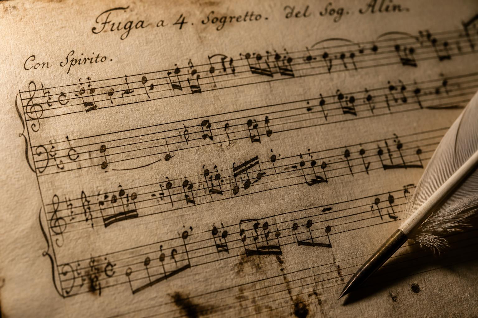 Close-up of a hand-inked baroque music manuscript page with handwritten fugue notation and a quill resting on the parchment.