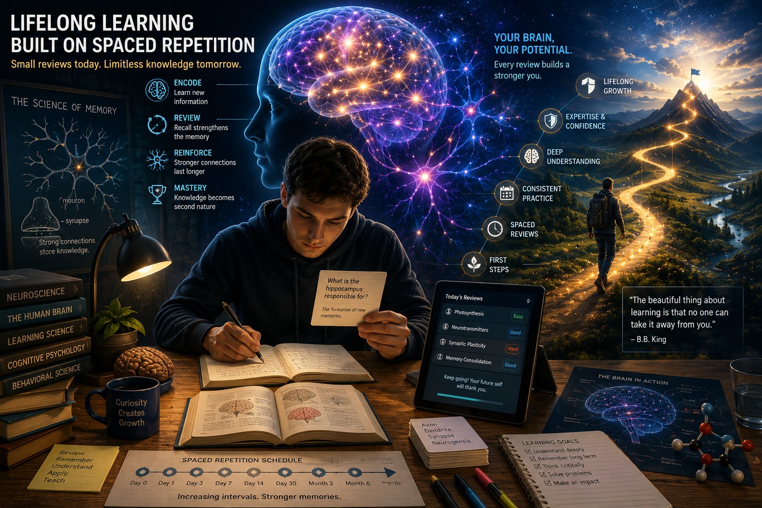 A learner surrounded by books, digital flashcards, scientific diagrams and glowing neural pathways extending into the future — lifelong learning powered by spaced repetition.