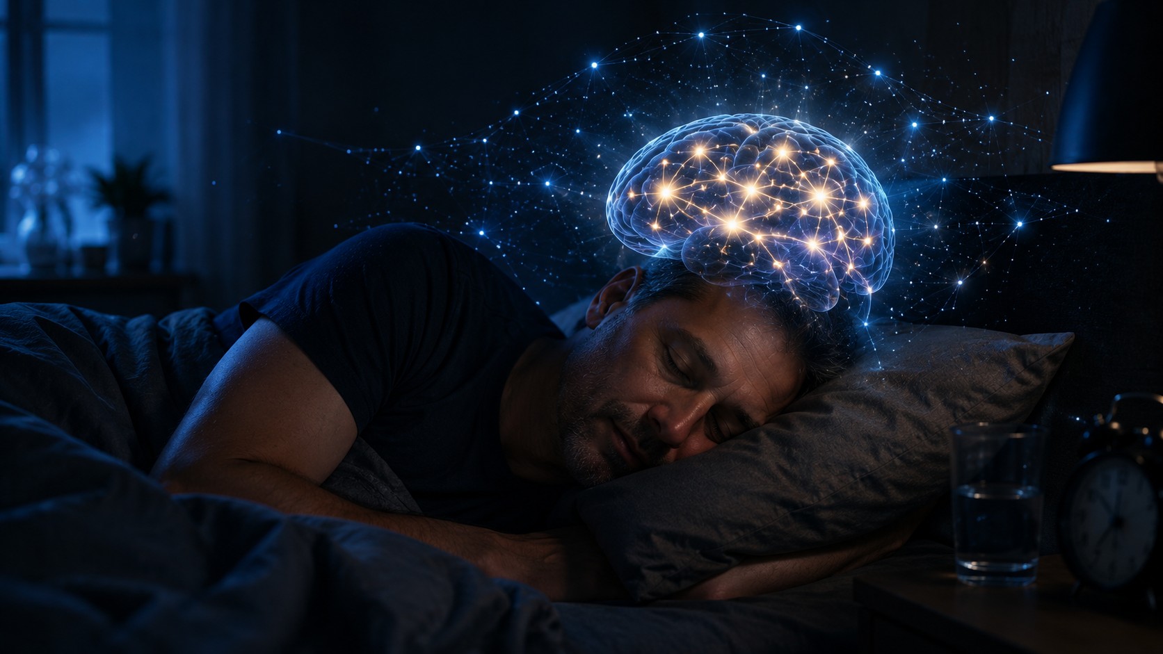 A sleeping adult in a dark peaceful bedroom — newly formed neural connections stabilize and strengthen during sleep.