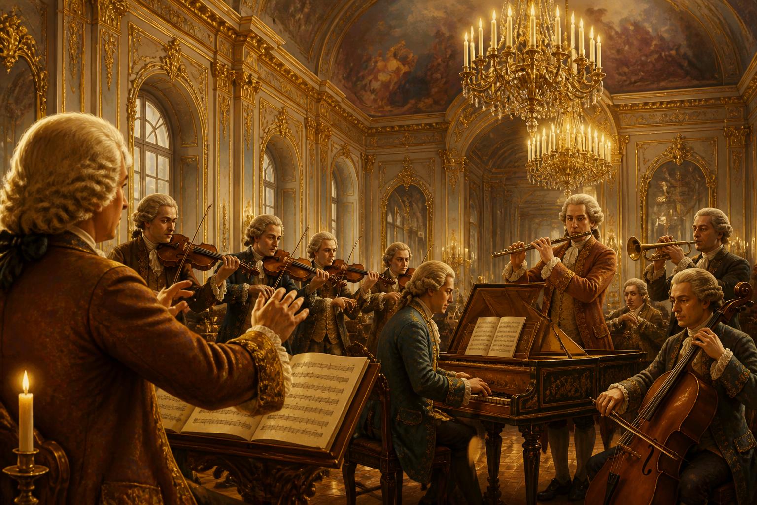 Baroque chamber orchestra performing the Brandenburg Concertos in an ornate hall — violins, harpsichord, flute, trumpet under crystal chandeliers.