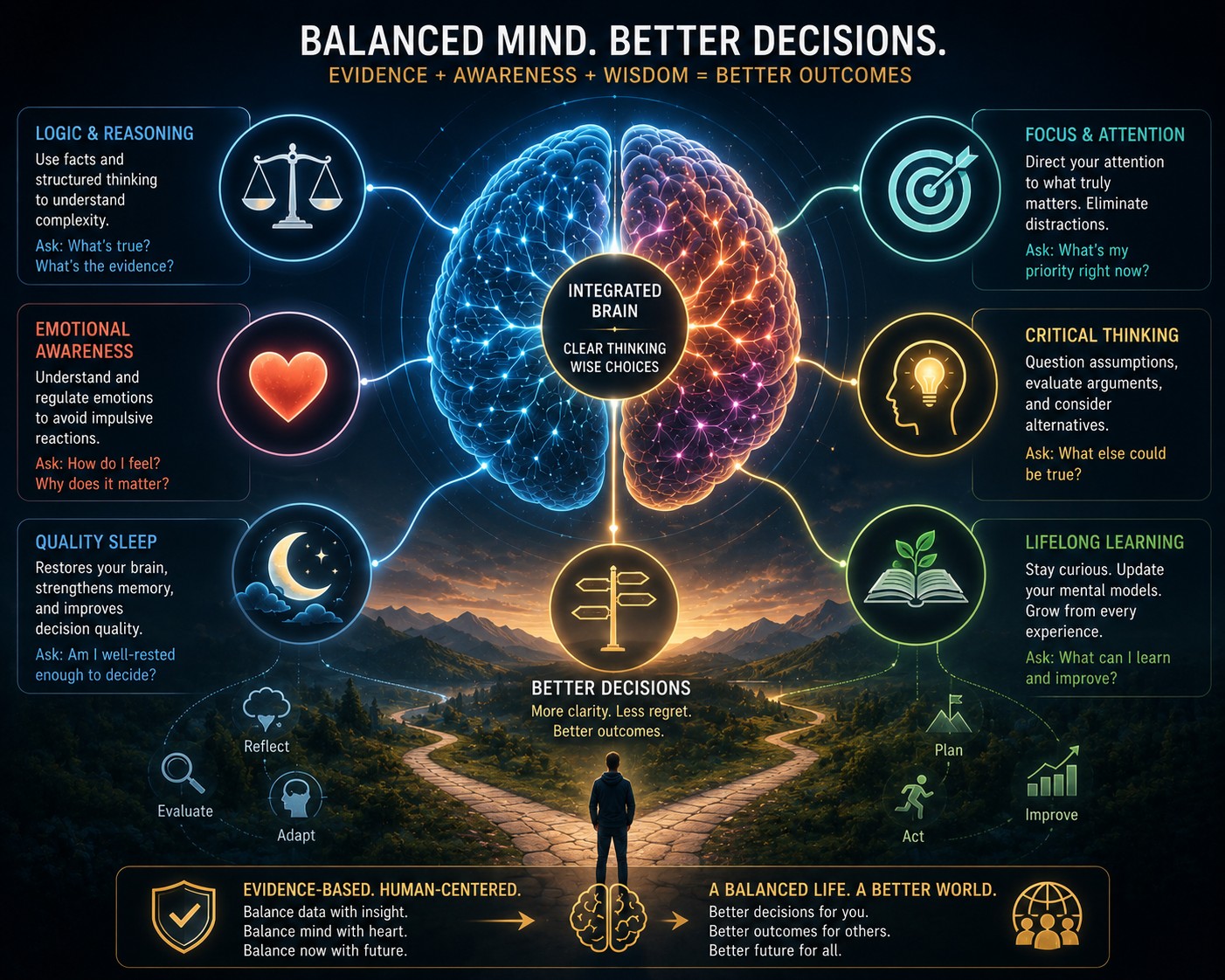 A stylized human brain connected to icons representing logic, emotional awareness, sleep, focus, critical thinking, and lifelong learning — symbolizing balanced, evidence-based decision-making.