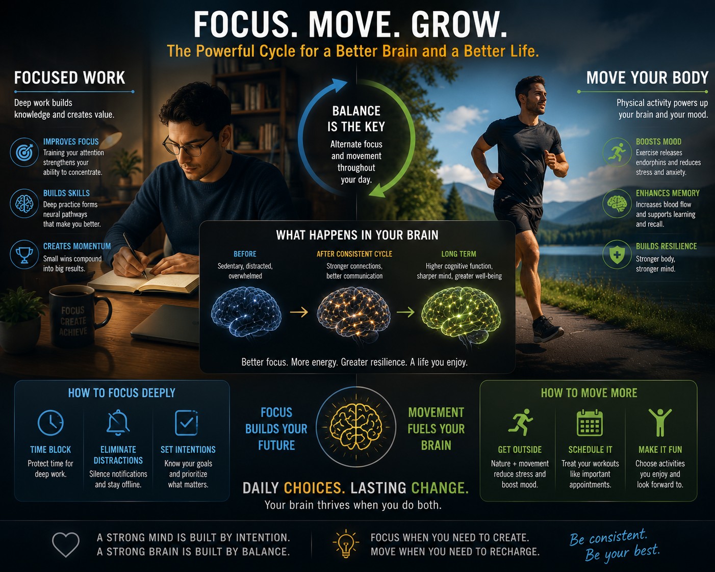Focus. Move. Grow. — alternating focused work and physical movement strengthens brain connectivity and resilience.