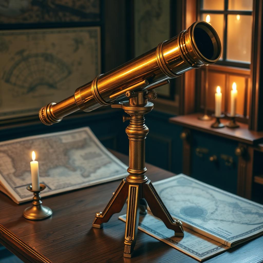 Newton's reflecting telescope — a polished brass and wood baroque instrument on a tripod, displayed on a wooden table beside astronomical charts in a candlelit room.