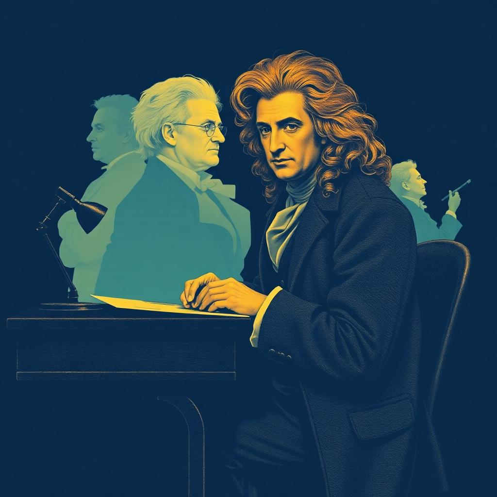 Newton seated at his desk with the silhouettes of future scientists appearing behind him — the long shadow of his discoveries on modern physics, mathematics and engineering.
