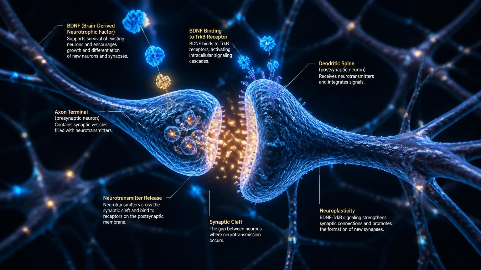 Scientific illustration of neurons forming new synaptic connections, with BDNF molecules stimulating neuroplasticity.